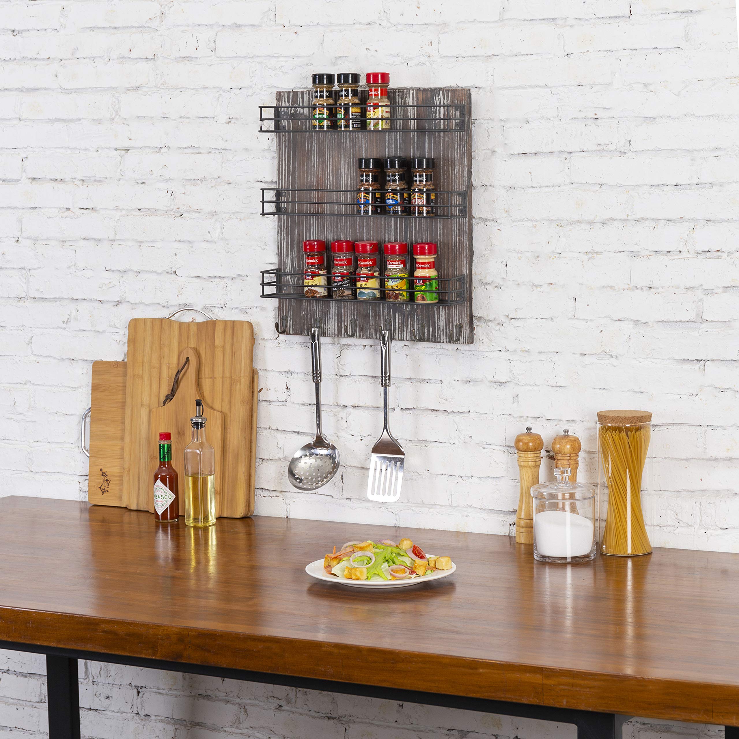 MyGift 3 Tier Black Metal Wire Kitchen Spice Rack Organizer with Torched Wood Wall Mount and 6 Hooks, Seasoning Jars and Hanging