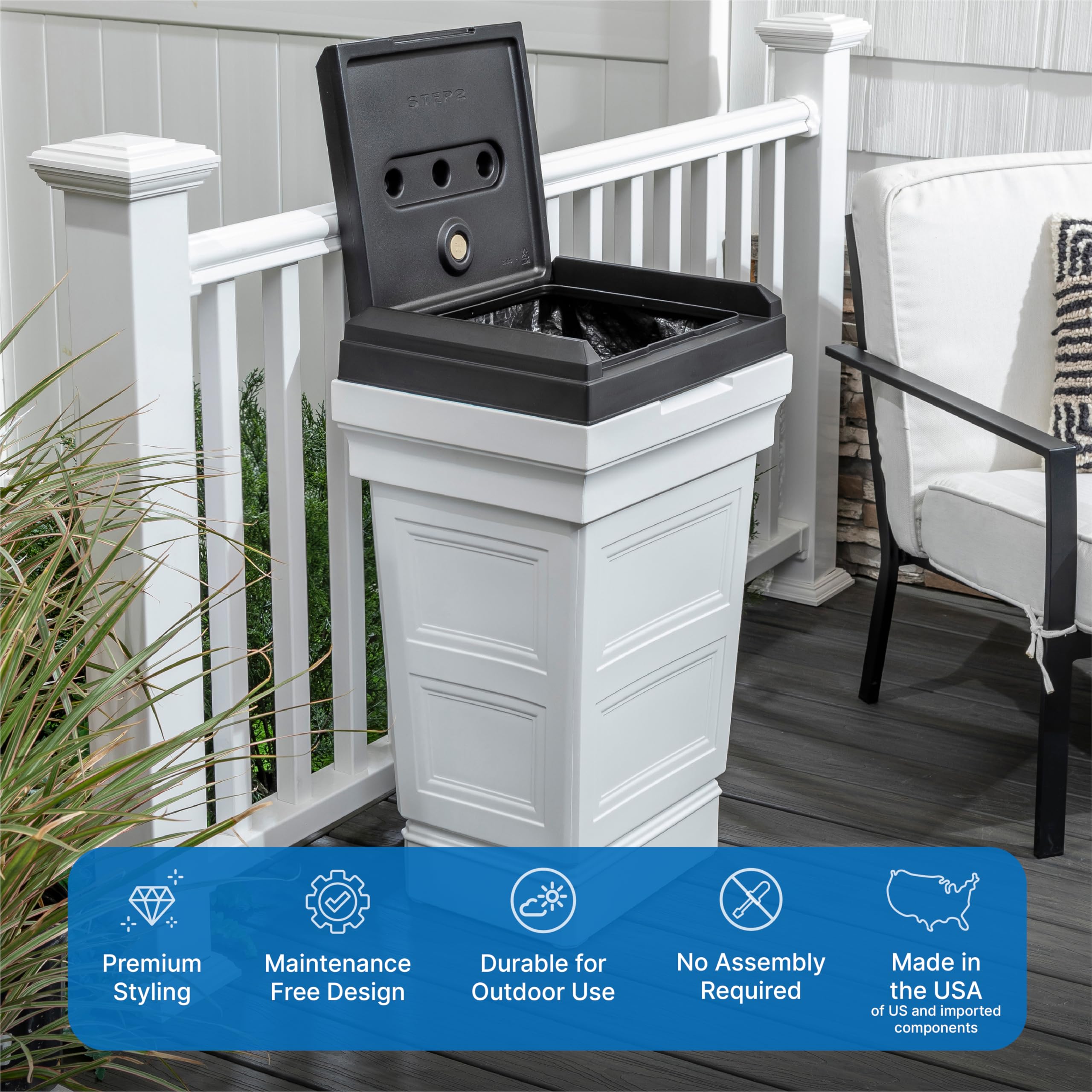 Step2 Atherton Large Garbage Container, Indoor/Outdoor Trash Can With Lid, Weather Resistant, Made Of Durable Plastic, Weather-R