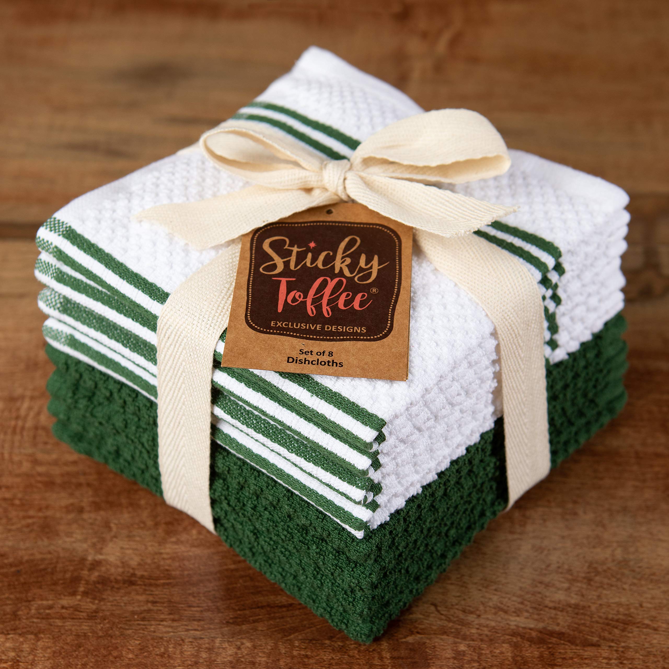 Kitchen Towels Dishcloths 100% Cotton  Set of 8  Dark Green and White Dish Cloth Towels  Tea Towels  Reusable and Absorbent Cleaning Cloths  Oeko-Tex Cotton  12 in x 12 in