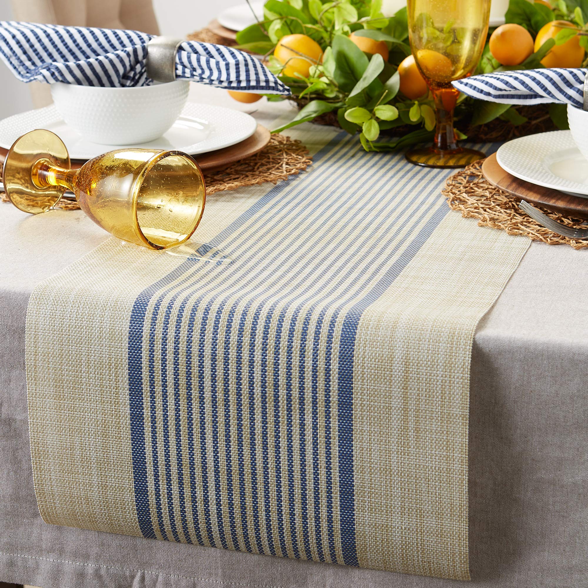 DII French Blue Middle Stripe PVC Woven Table Runner 14x72
