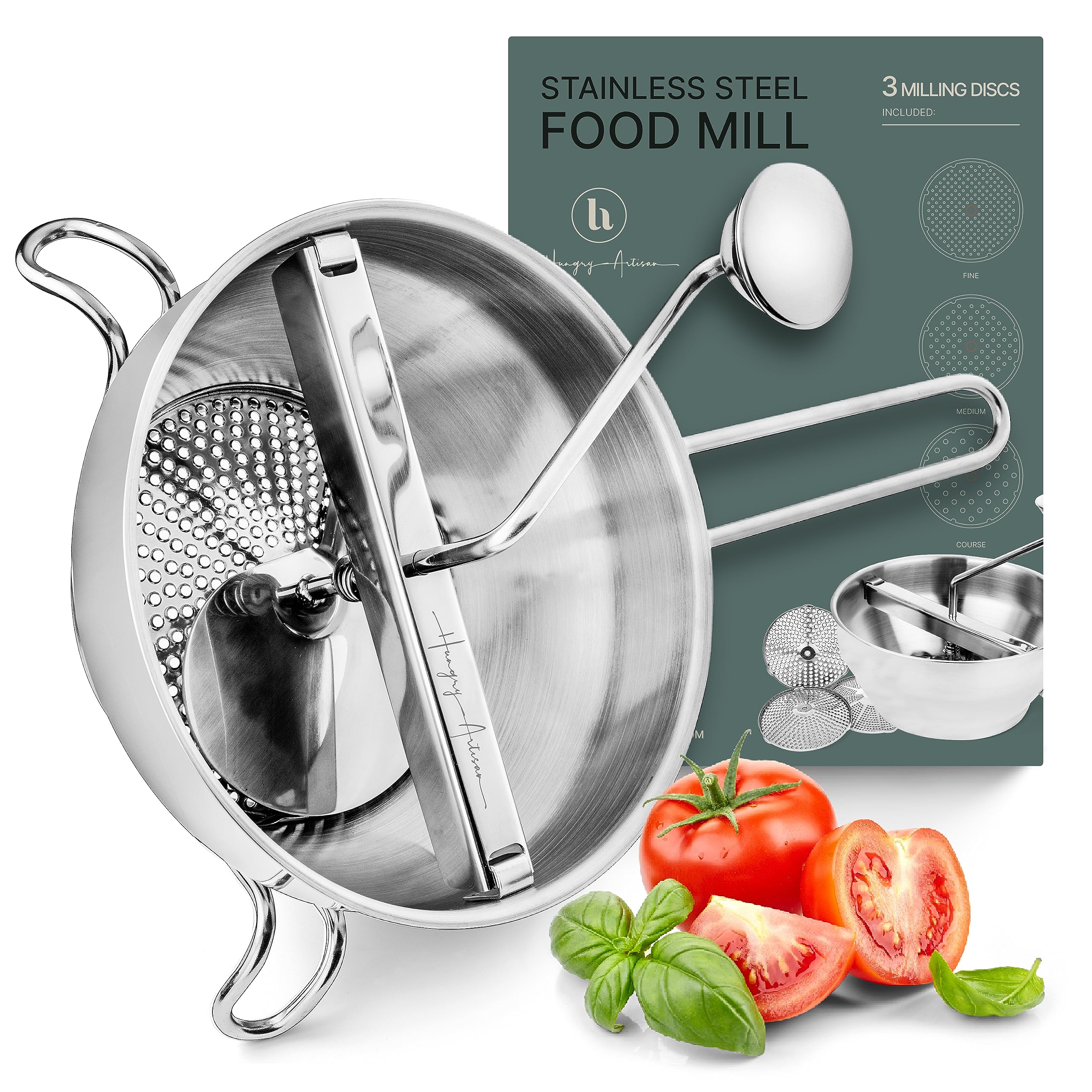 Ergonomic Food Mill Stainless Steel With 3 Grinding Discs, Milling Handle & Bowl - Rotary Food Mill For Tomato Sauce, Applesauce