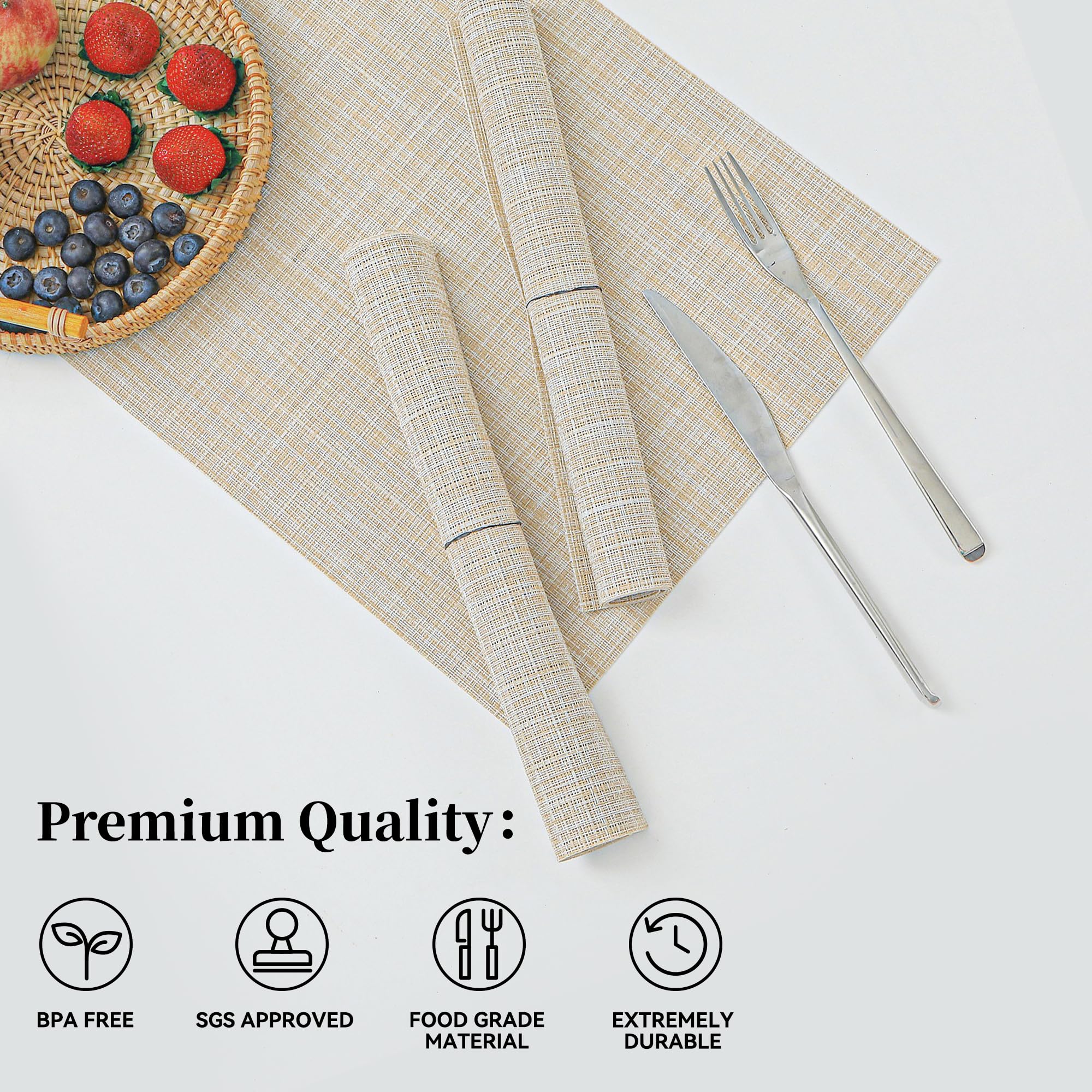 Leetaltree Beige Placemats Set Of 12 - Heat Resistant Non-Slip Place Mats For Dining Table, Washable Durable Pvc Vinyl Woven Tab