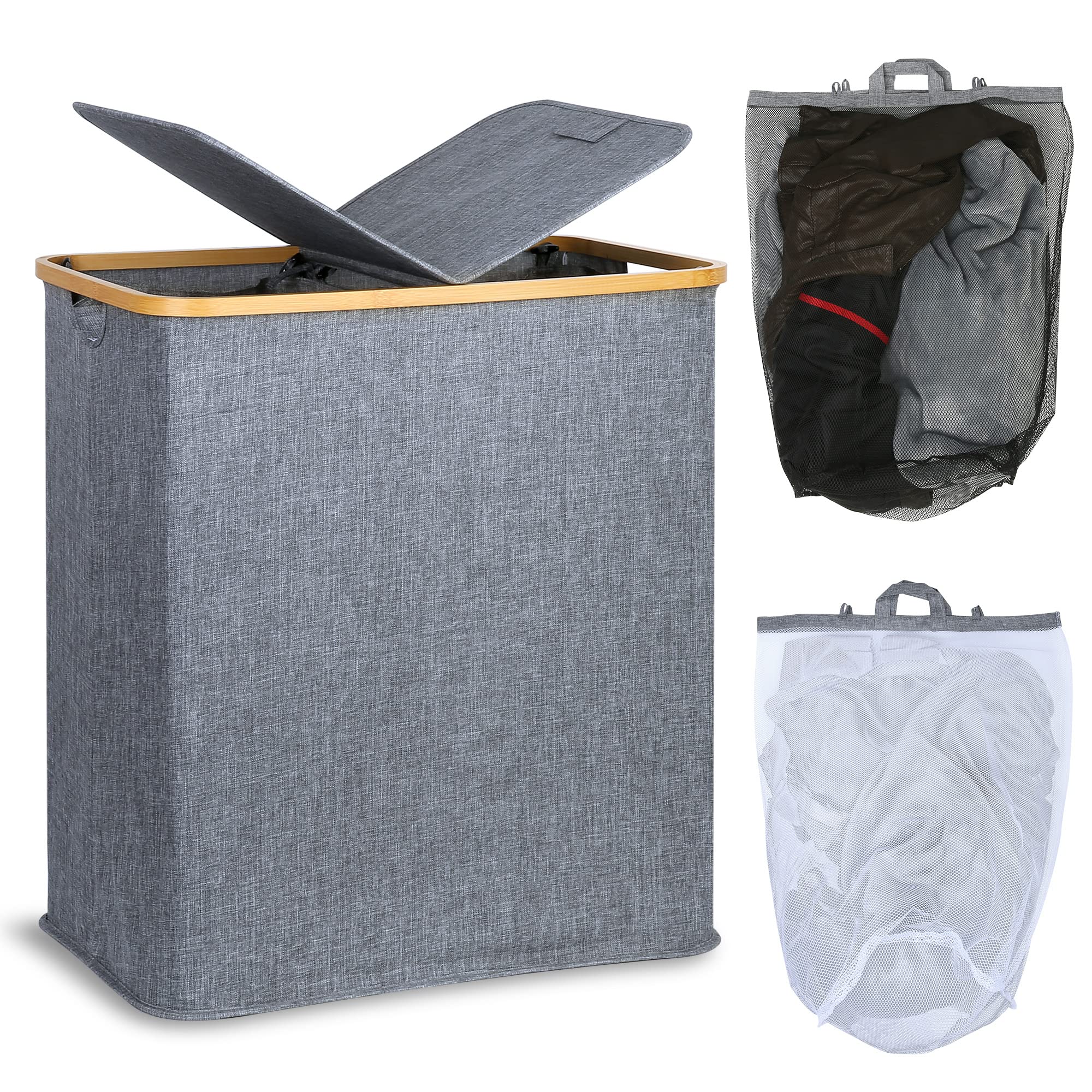 efluky Laundry Hamper with Lid, Double Laundry Hamper with 2 Removable Bags, 2 Section Laundry Basket with Bamboo Handles for Ba