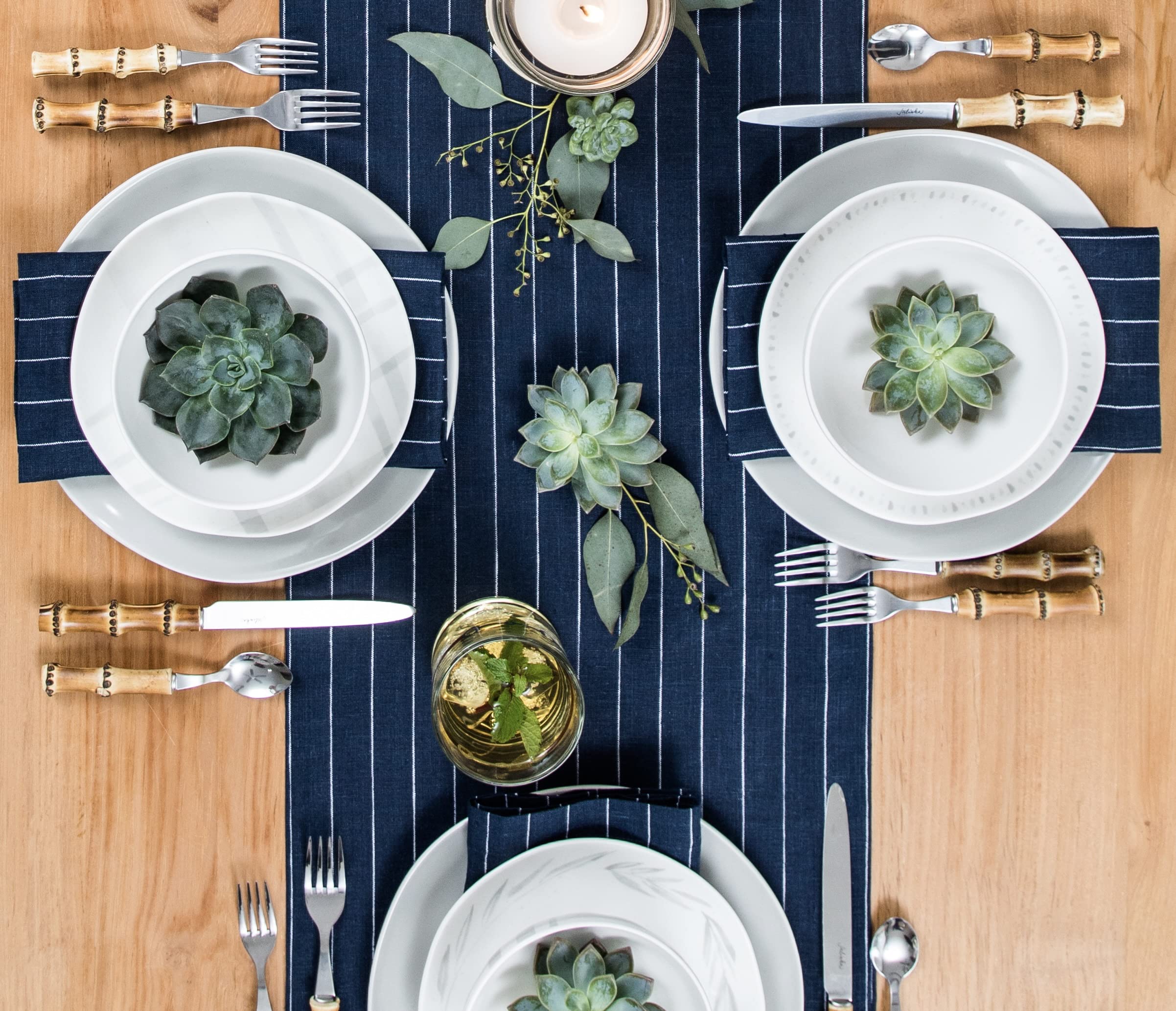 Solino Home Pinstripe Linen Table Runner 36 Inch - 100% Pure Linen Navy And White Table Runner 14 X 36 Inch - Machine Washable F