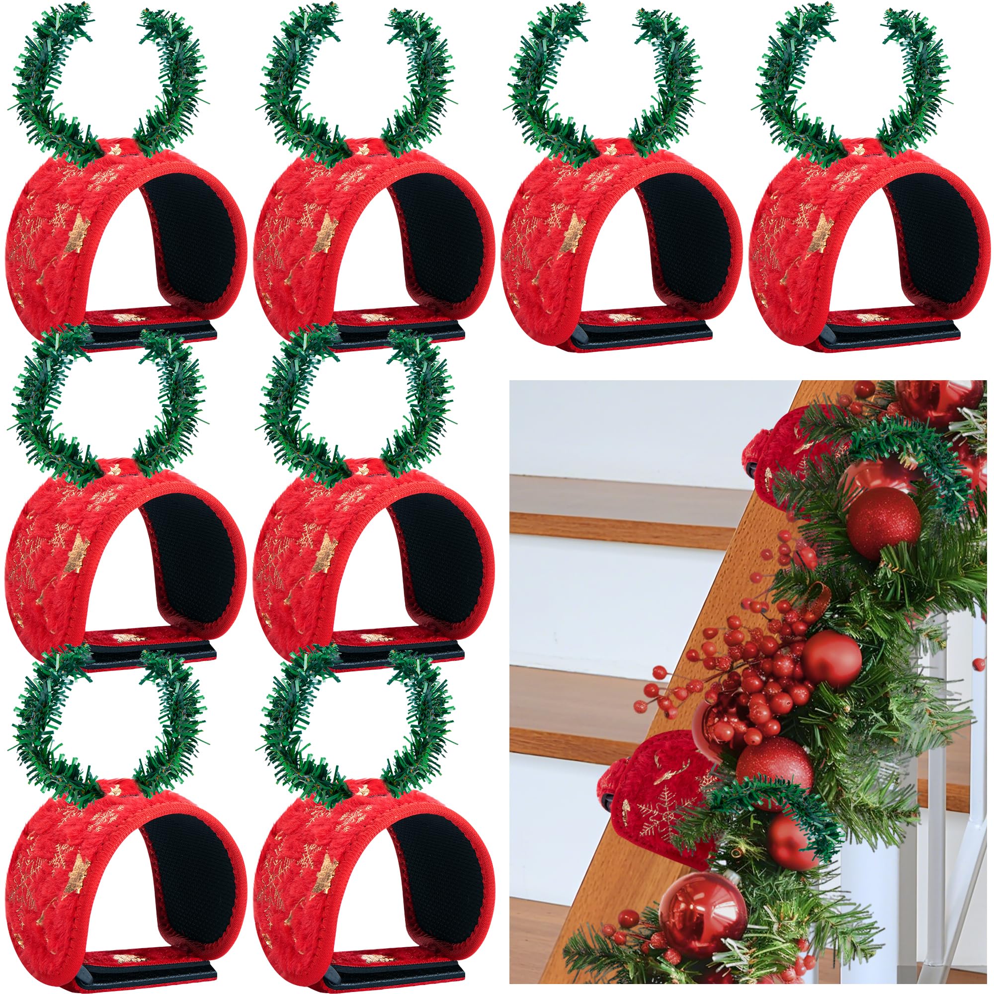 8 Pcs Railing Protection Christmas Garland Ties, Red Decorative Banister Garlands Hanger, Adjustable Banister Protective Padded 