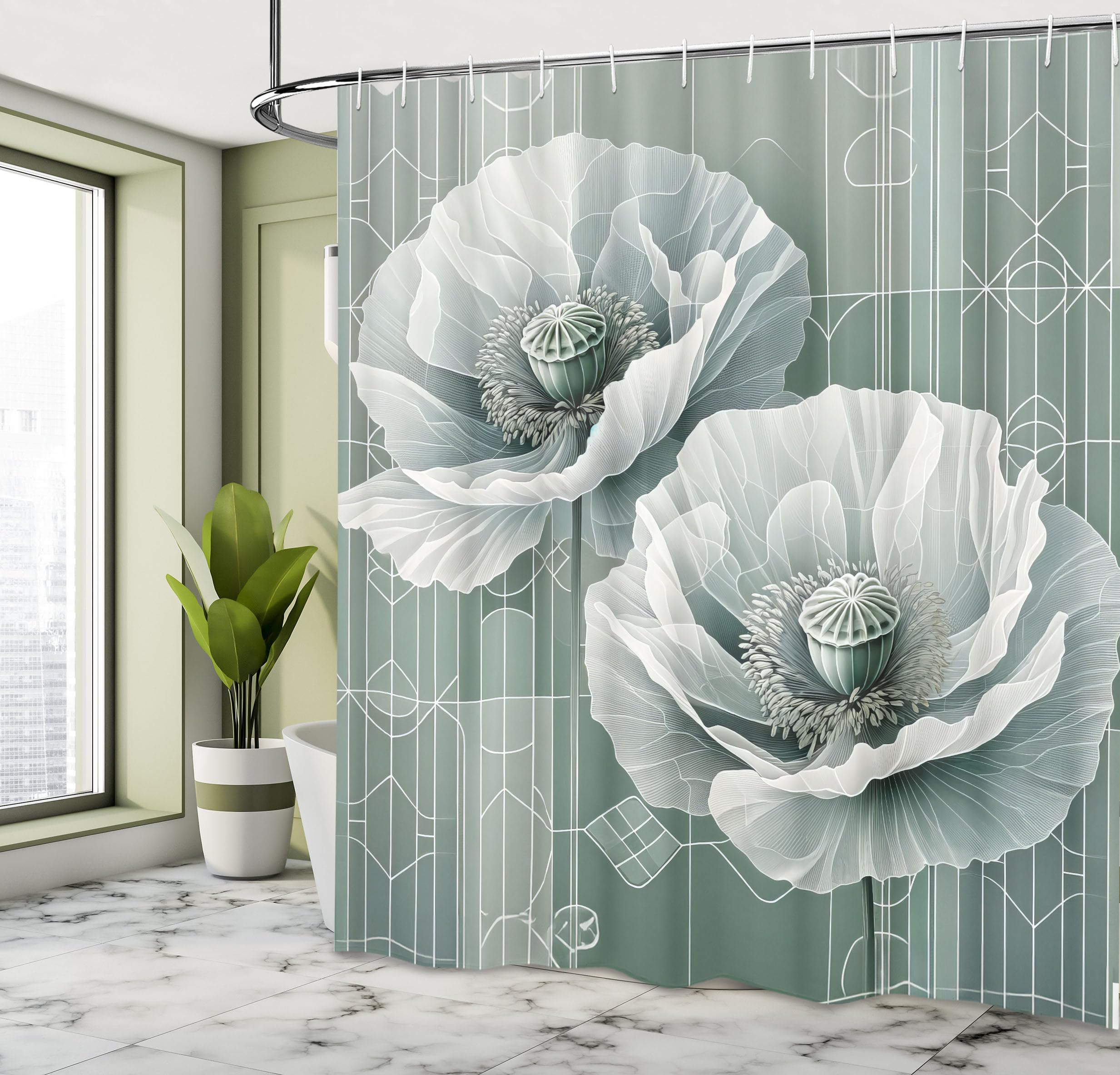 Ambesonne Green Shower Curtain, Futuristic Design Of Poppy Flowers With Dreamy Petals And Scandi Lines, Cloth Fabric Bathroom De