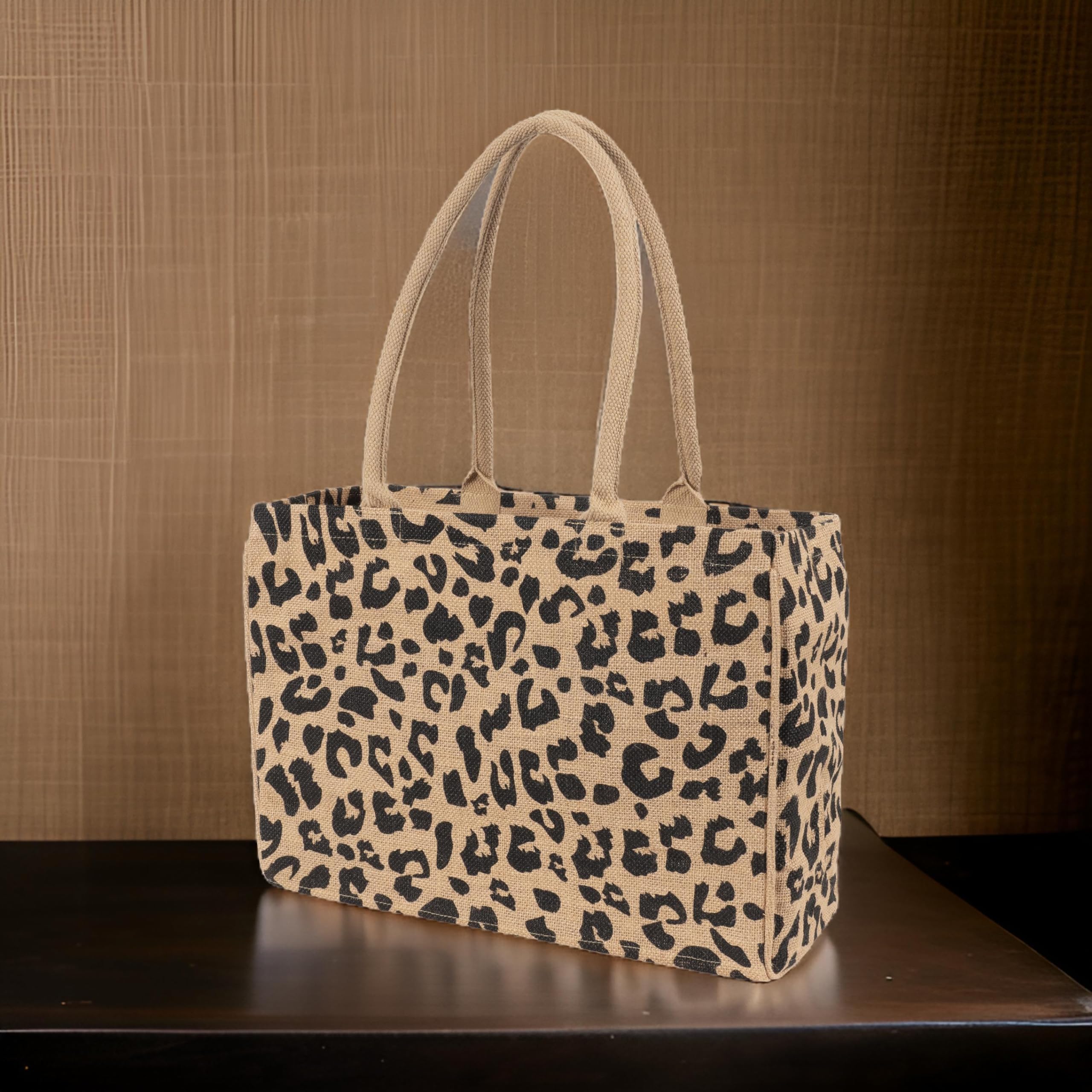 Kaf Home Jute Market Tote Bag, Leopard Print, Durable Handle, Reinforced Bottom And Interior Zipper Pocket