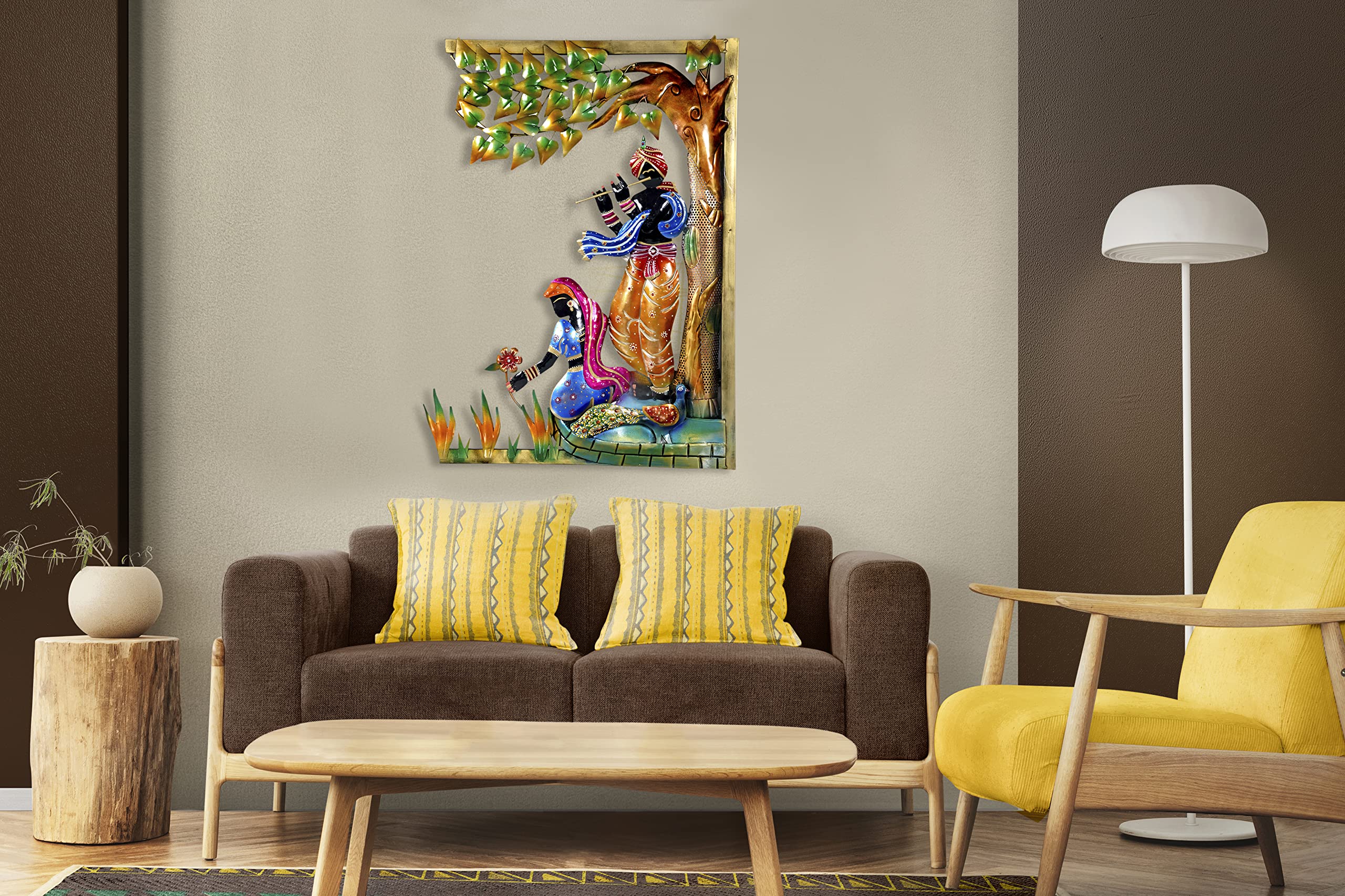 Craftbee Radhe Krishna Metal Emboss Painting God Large Wall Hanging Tree Frame Sculpture | For Home Decor & Office Gift Wall Fig