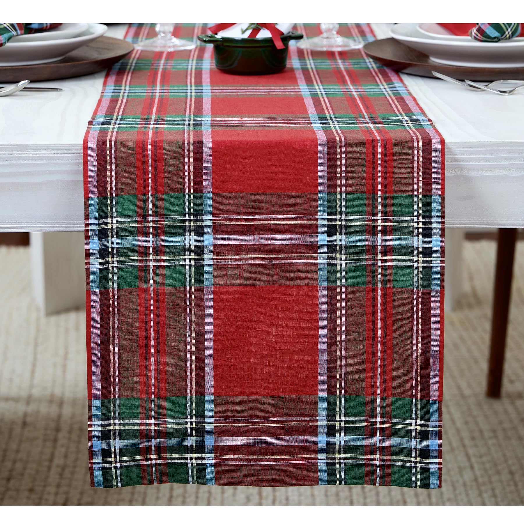 Solino Home Linen Tartan Plaid Table Runner 36 Inches - 100% Pure Linen Red Madras Holiday Plaid Table Runner 14 x 36 Inch Ideal