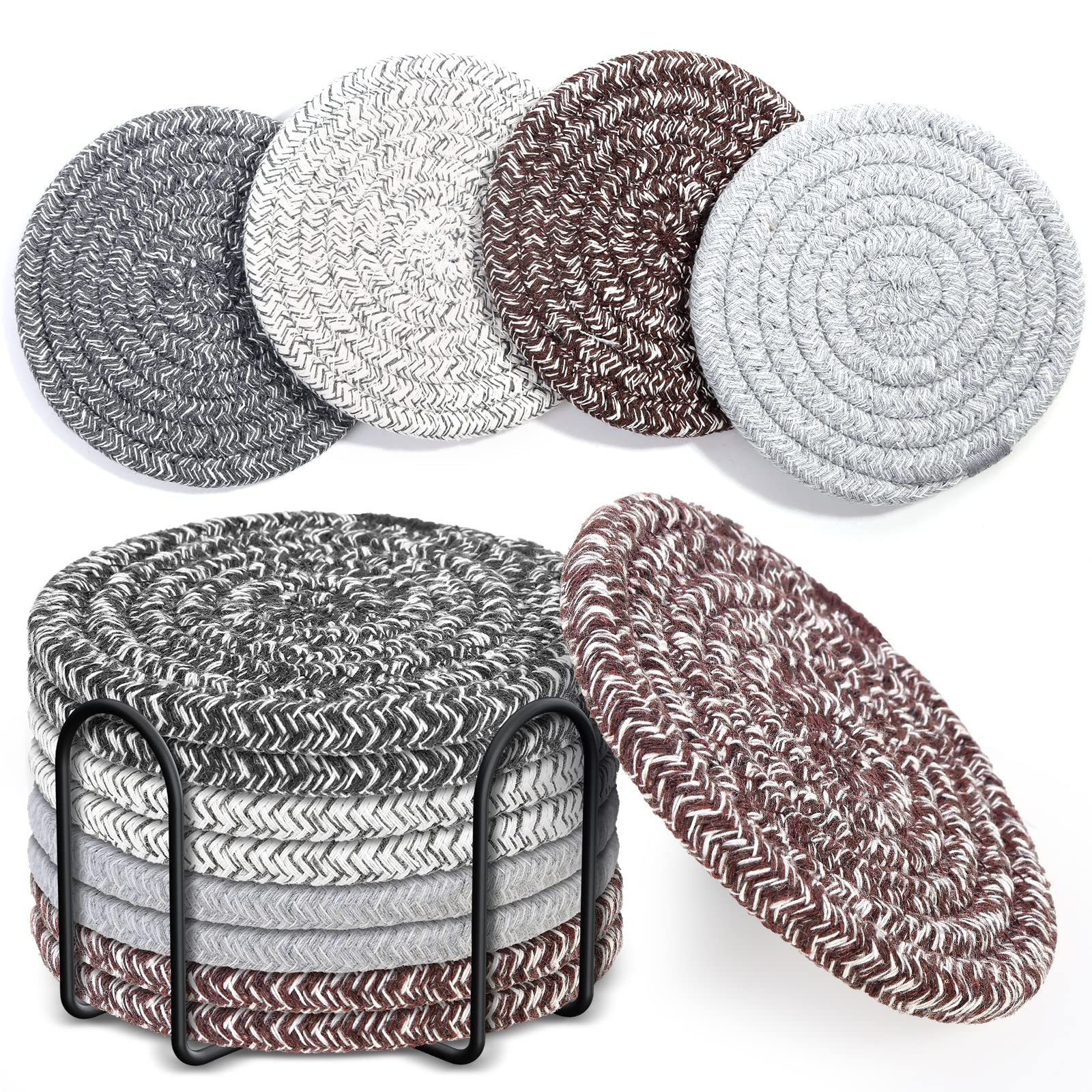 Mckanti 8 Pcs Coasters For Drink With Holder, 4 Colors Absorbent Coasters For Drinks, Minimalist Cotton Woven Coaster Set For Ho