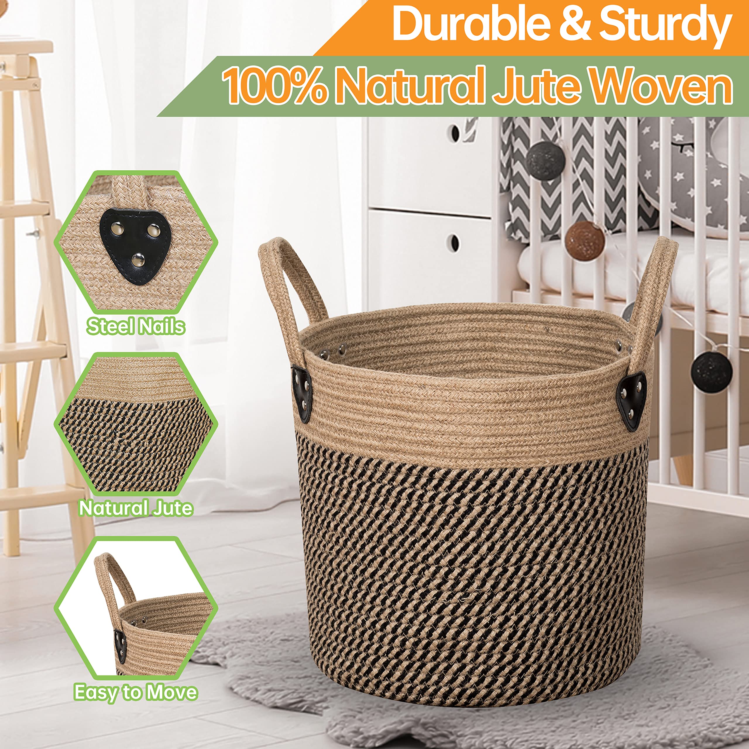 Zoes Homeware 14''X12'' Natural Jute Rope Woven Storage Basket With Handles For Plant, Blankets,Toys,Clothes,Shoes - Living Room