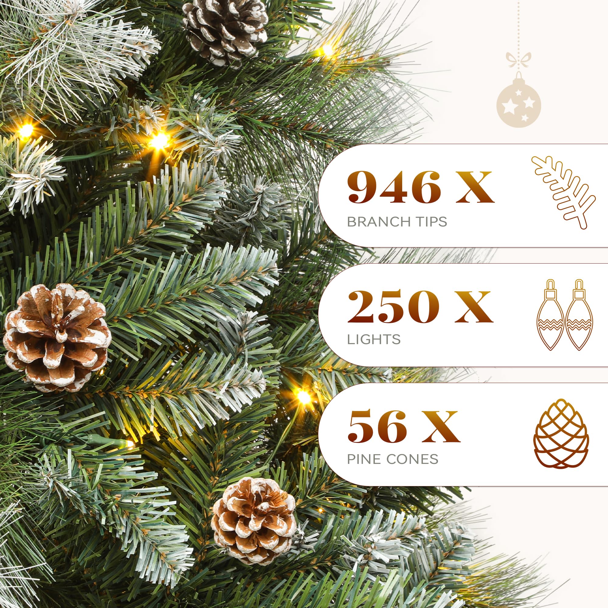 YITAHOME 6ft Prelit Scotch Pine Christmas Tree with Remote Control, Pre-Decorated Frosted Christmas Tree with Pine-Cones & Needl