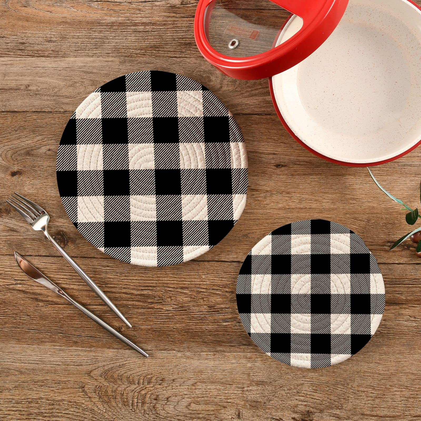 Kigai White Black Buffalo Plaid (4) Pot Holders Trivets Set 2 Pcs,Round 100% Cotton Braided Hot Pads For Hot Dishes Hot Pots And