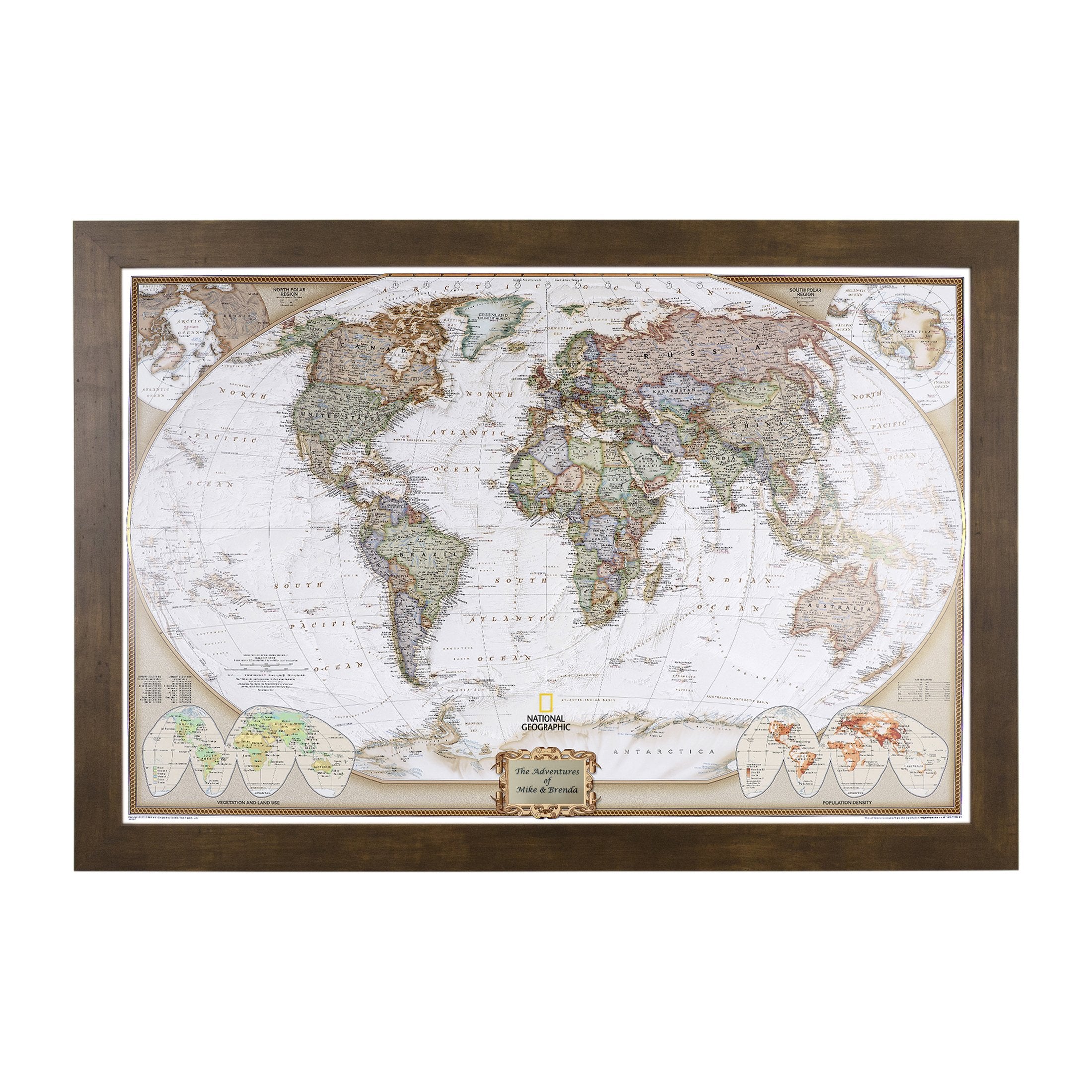 Push Pin Travel Maps Personalized Executive World With Rustic Brown Frame And Pins - 27.5 Inches X 39.5 Inches