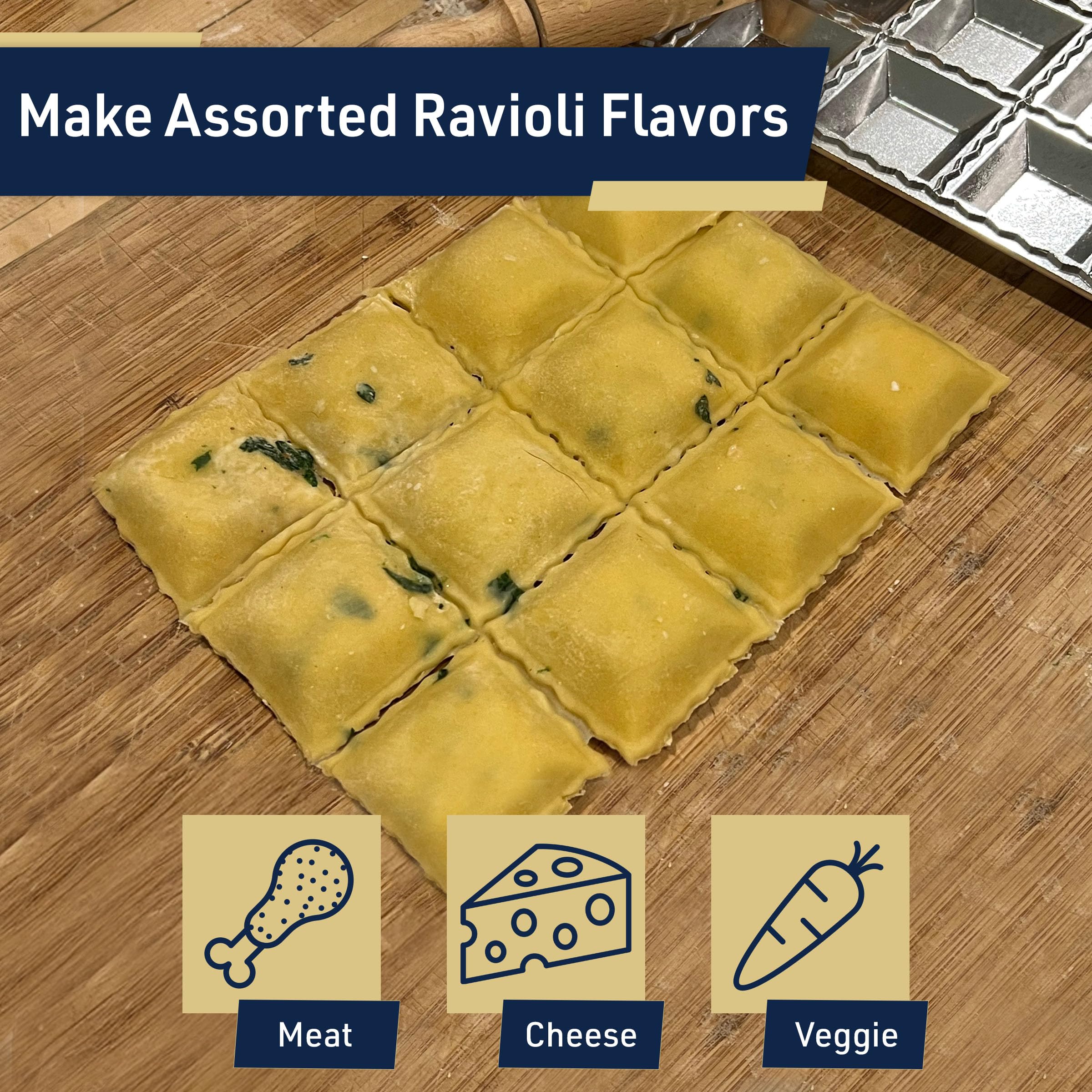 Kings County Tools Ravioli Mold Cutter - Makes 24 Square 2” Raviolis - Easy to Use with Wood Roller, Non-Slip Feet, Made in Italy
