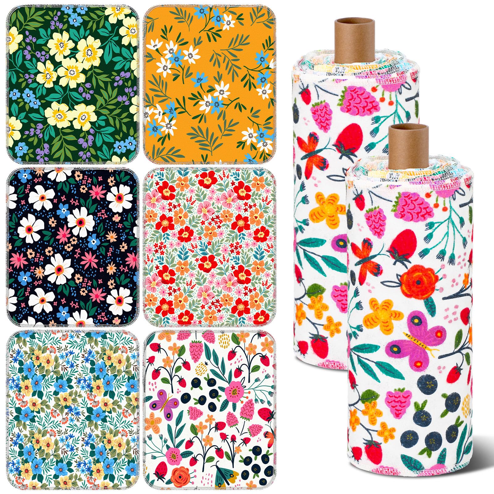 Redbaker 60 Pcs Flower Reusable Paper Towels Rolls Washable Paperless Paper Towels Bulk Cloth Cotton Napkin with Cardboard Reusa