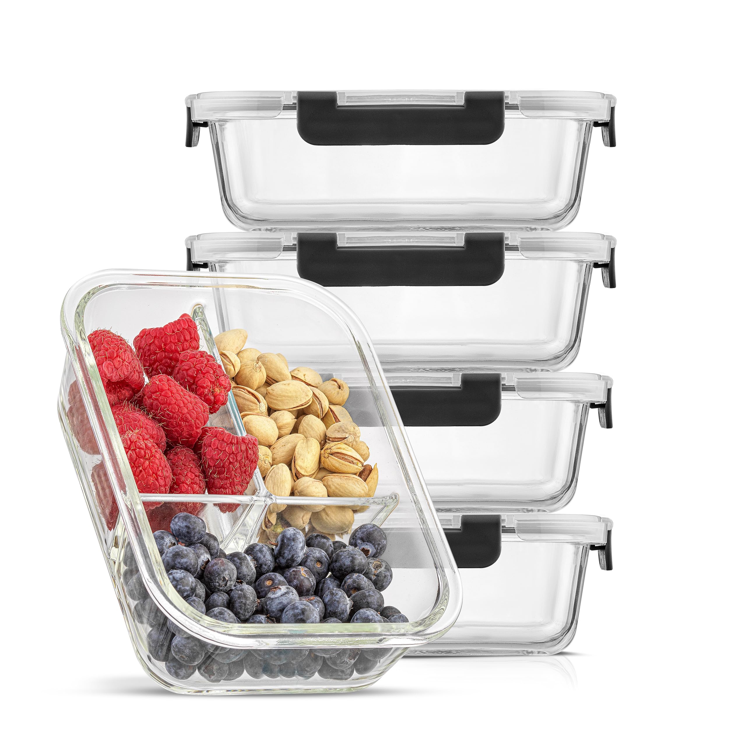 JoyJolt Divided 3 Compartment Glass Meal Prep Bento Box Set. 5 Pack Airtight Food Storage Containers with Lids for Portion Contr