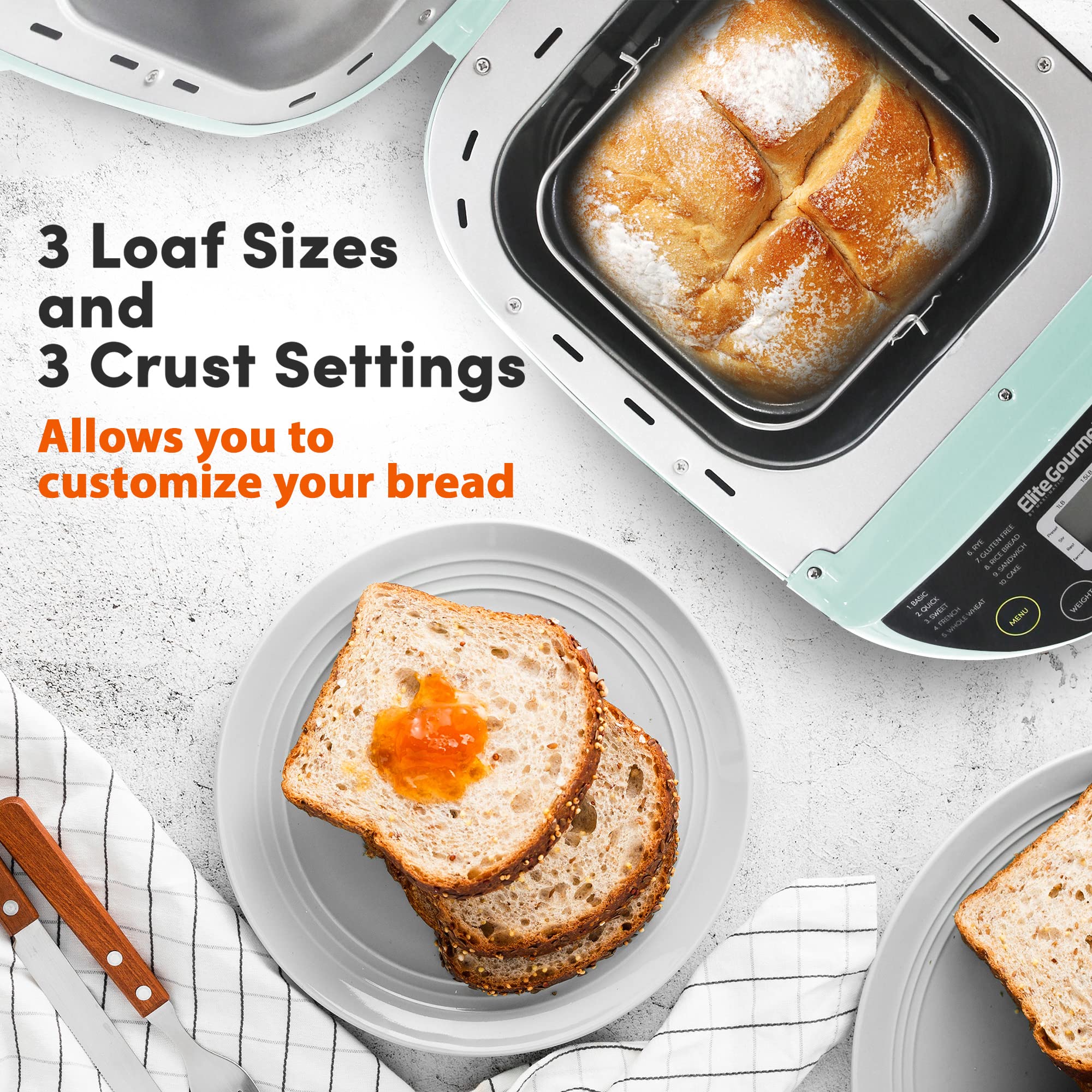 Elite Gourmet Ebm8103M Programmable Bread Maker Machine 3 Loaf Sizes, 19 Menu Functions Gluten Free White Wheat Rye French And M