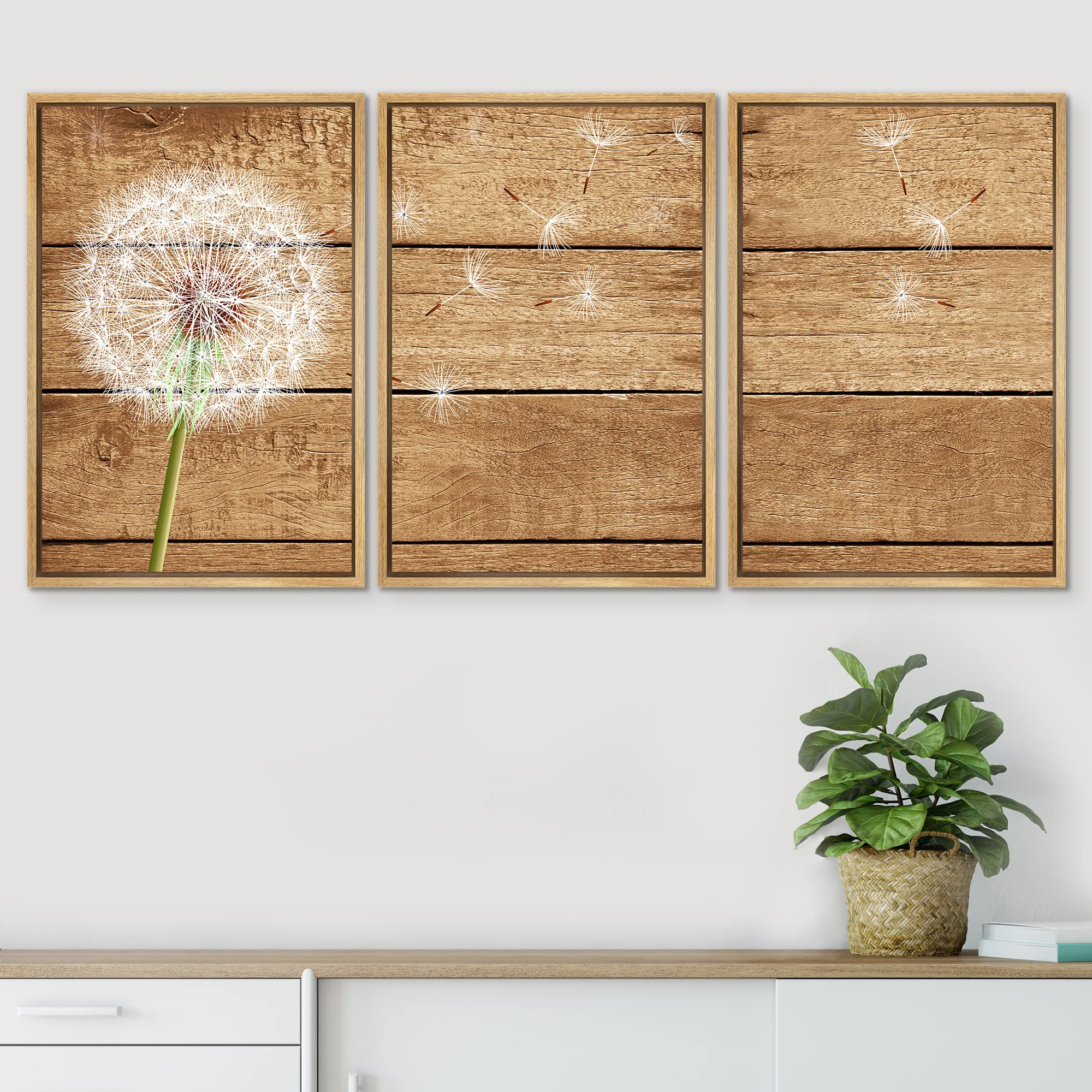 Signwin Framed Canvas Print Wall Art Set Windy White Summer Dandelion Flower Nature Wilderness Wood Panels Modern Art Rustic Sce