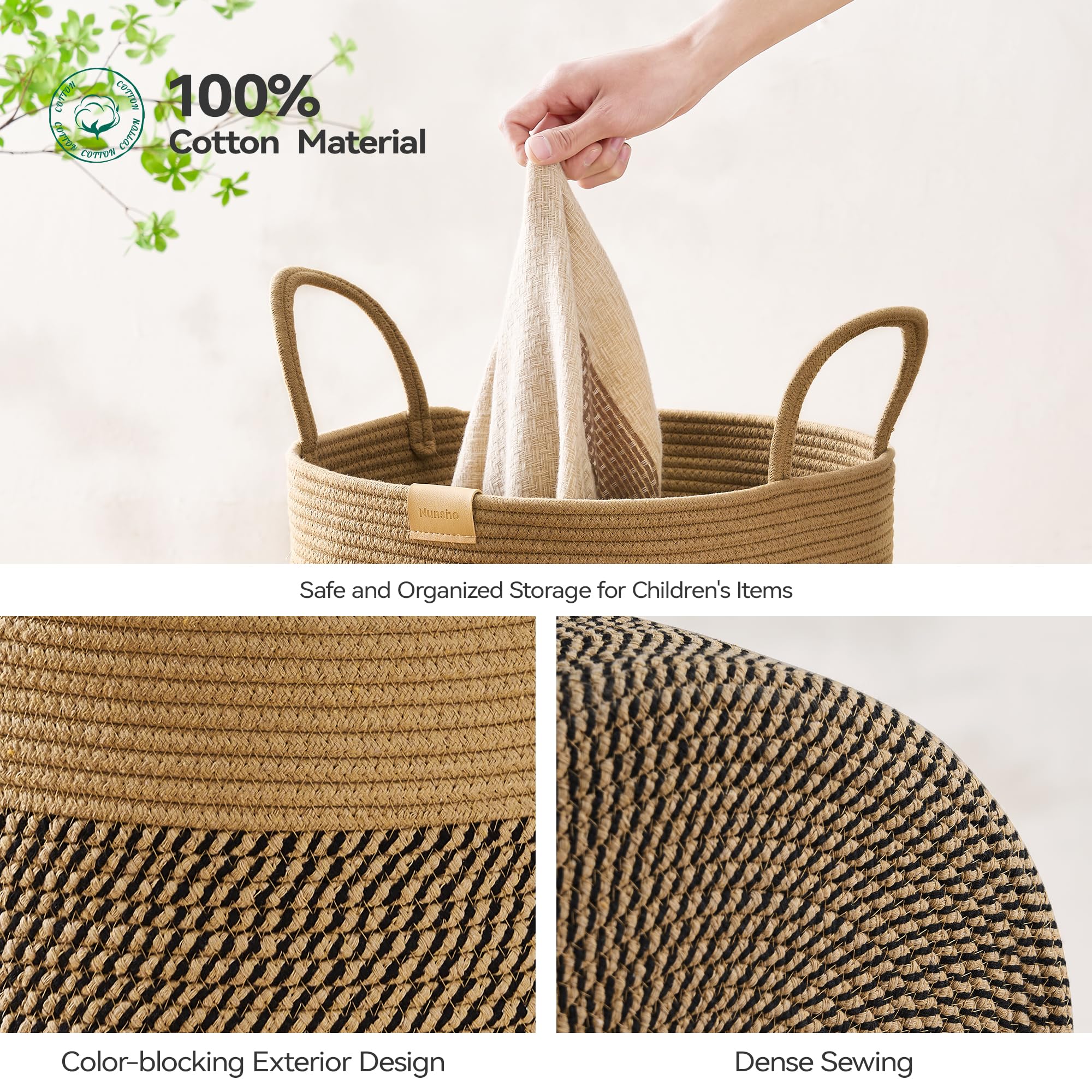 Nunsino 62L Laundry Hamper Basket,Baby Nursery Woven Storage Basket For Toys Bin,Pillows,Blankets,Clothes,Dark&Brown