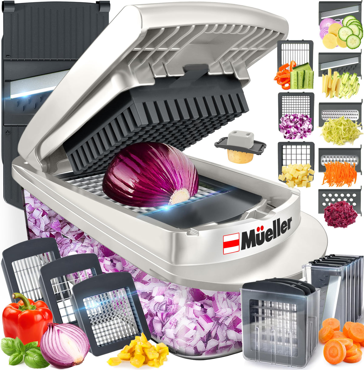 Mueller Pro-Series 10-In-1, 8 Blade Vegetable Chopper, Onion Mincer, Cutter, Dicer, Egg Slicer With Container, French Fry Cutter