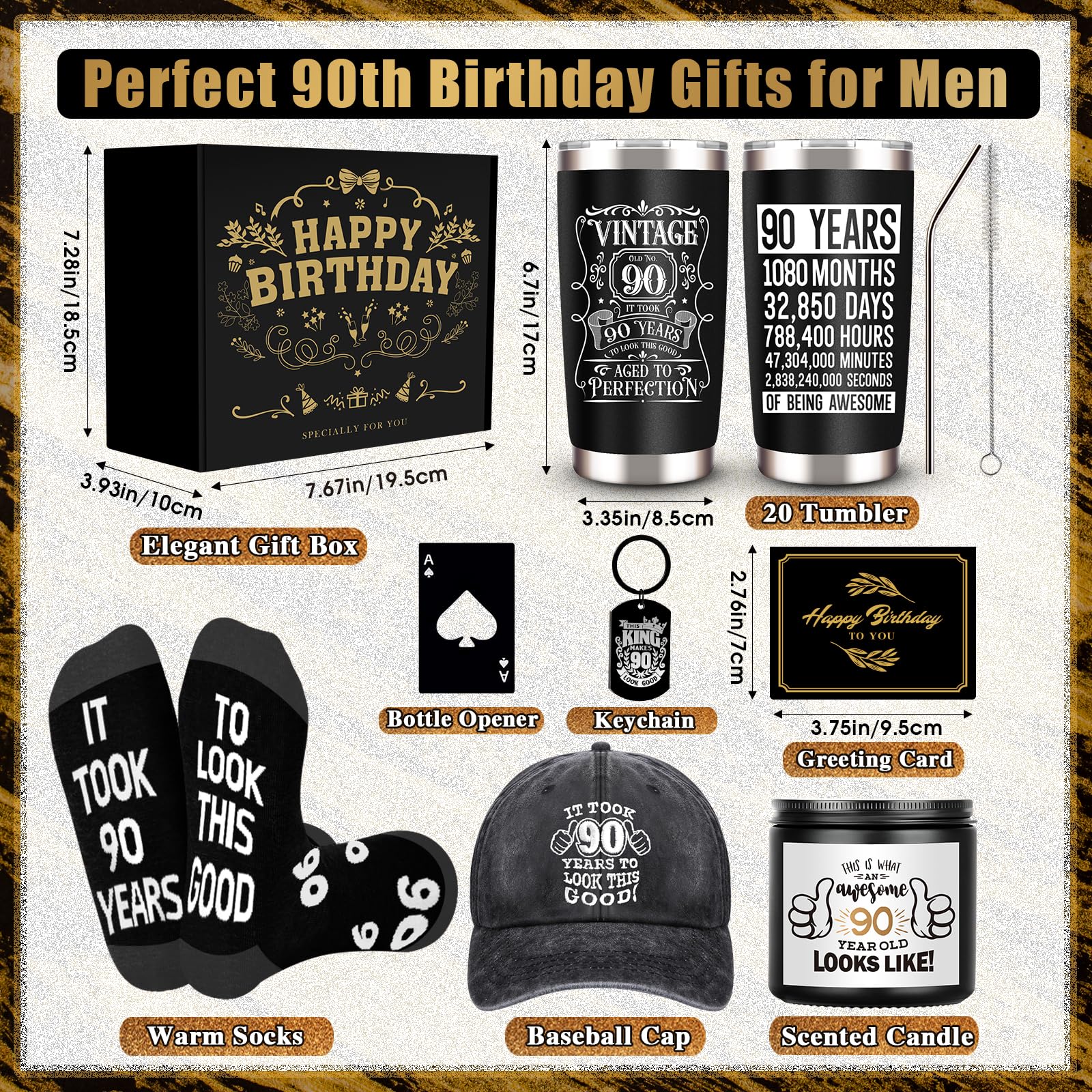 JTAMOHI 90th Birthday Gifts for Men - Unique Box with 20 Oz Tumbler, Scented Candle, Socks, Baseball Cap for Husband, Dad, Grand