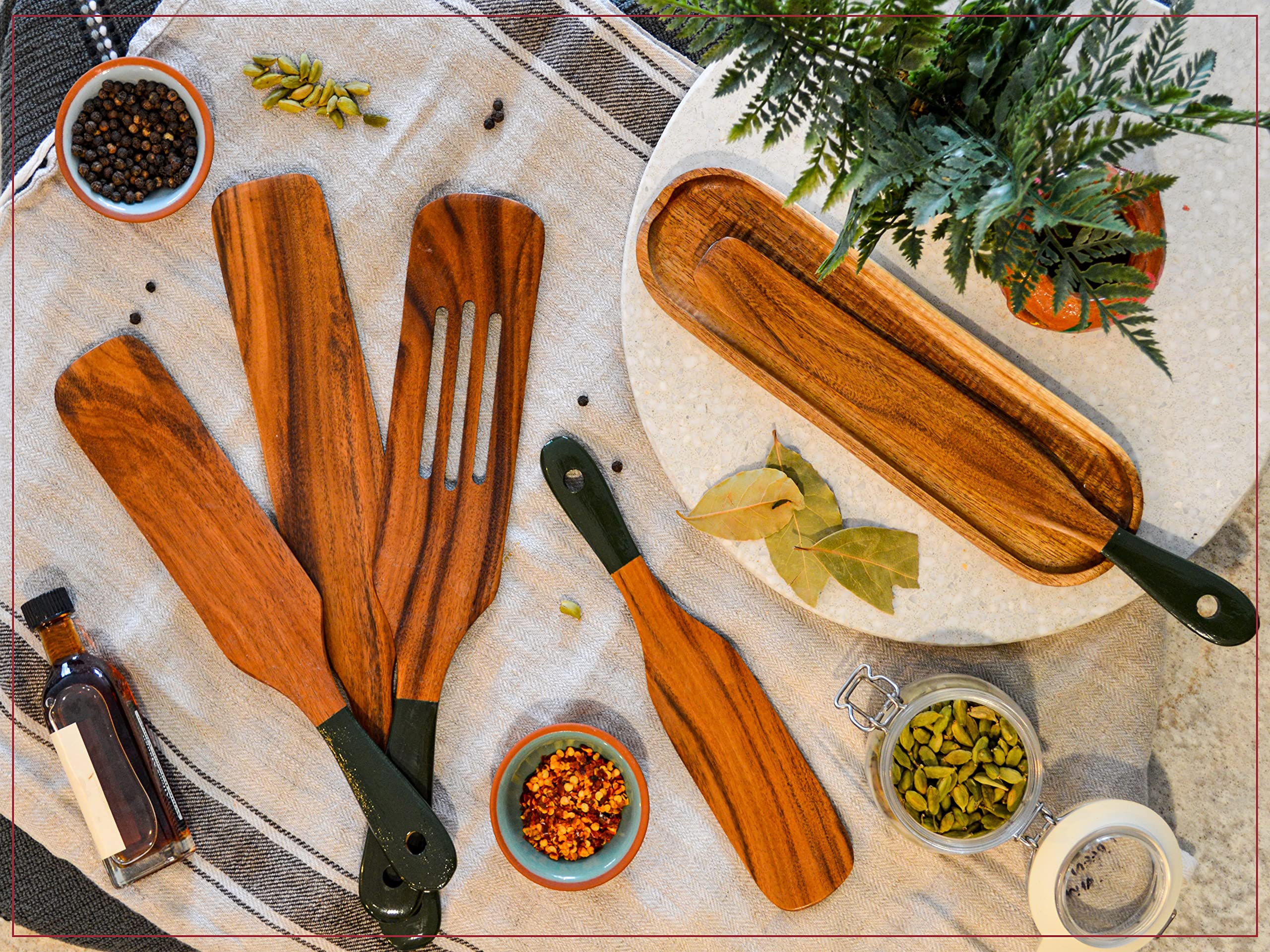 6Pcs Spurtle With Spoon Rest, Wooden Spatula Olive Green, Wooden Utensils For Cooking, Wooden Spatula, Wooden Kitchen Utensil Se