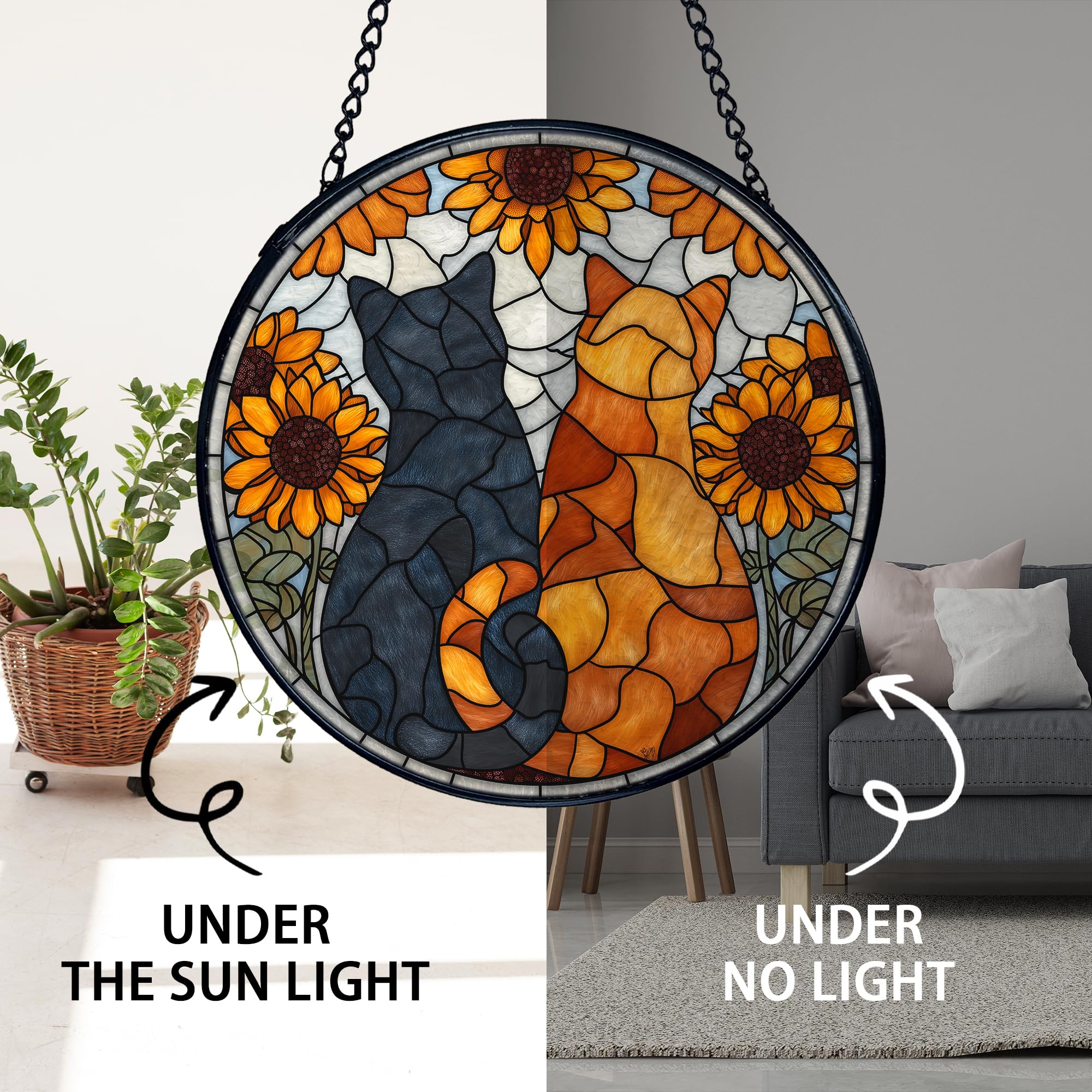 TNUW Cat Sunflower Stained Glass Window Hanging, Black Orange Cat Sunflower Suncatchers Indoor Window Glass Round Wall Art Decor