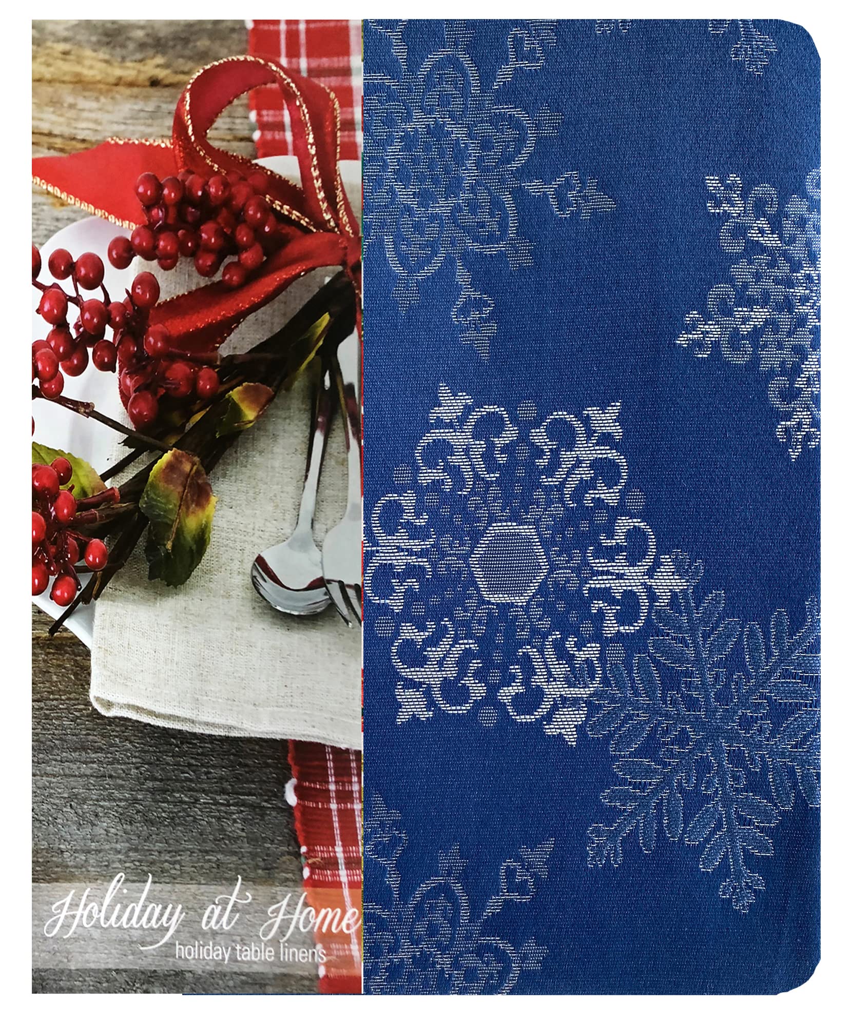 Newbridge Fancy Metallic Snowflake Christmas No-Iron Soil Resistant Fabric Holiday Tablecloth  Sparkling Snowflakes Lurex Woven Easy Care Tablecloth  60 Inch x 84 Inch Oval  Navy/Silver