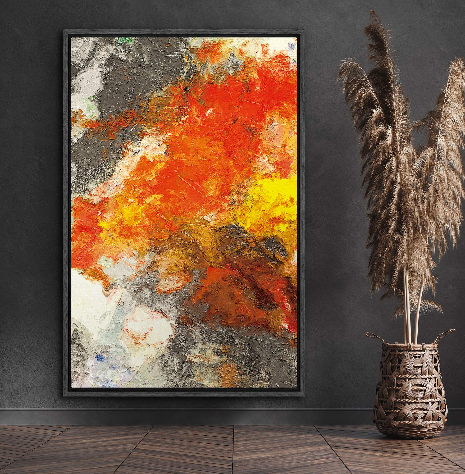 Signford Framed Canvas Wall Art Red, Orange, Yellow, Gray And White Color Blocks Abstract Brushstroke Oil Painting Minimalism Mo