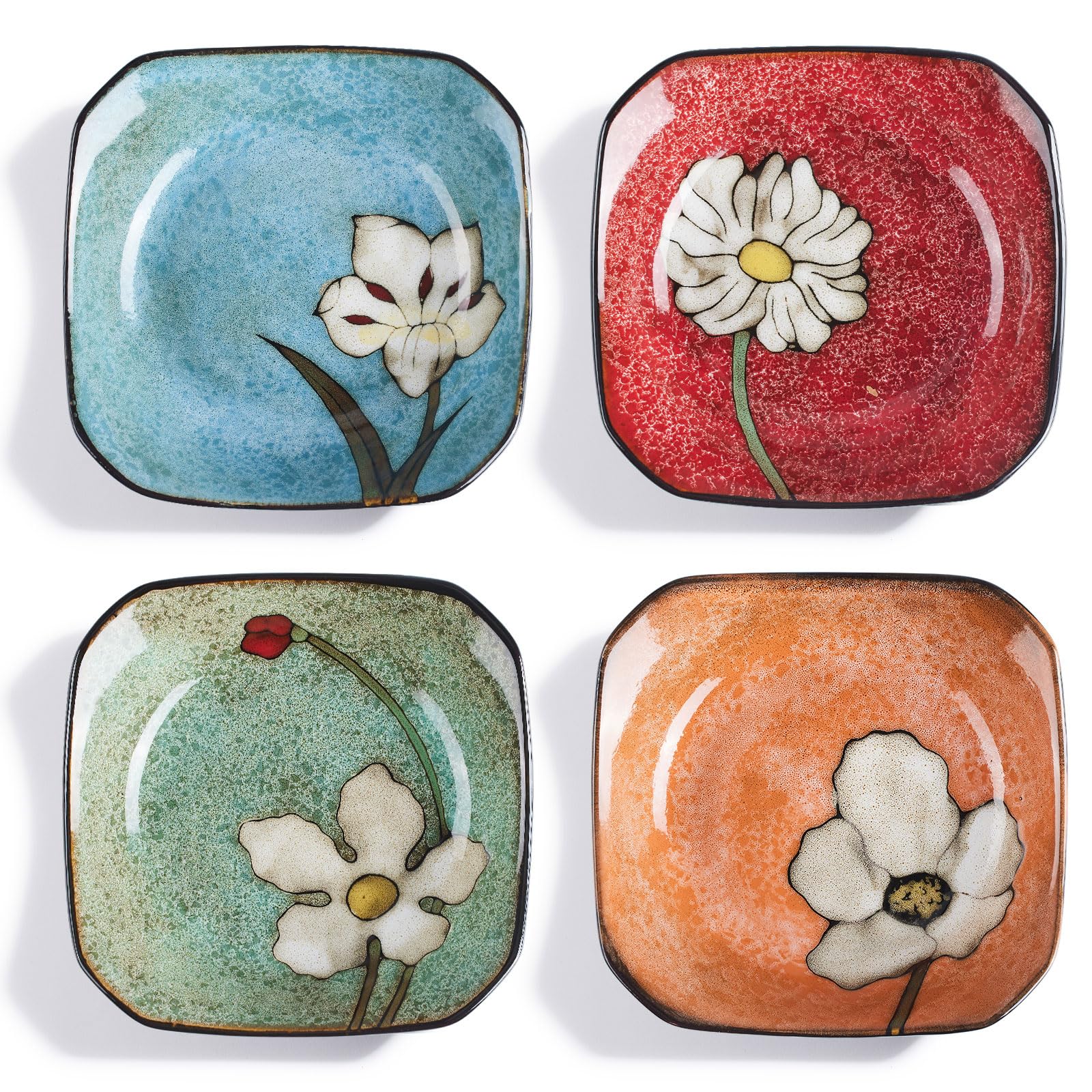 Soyestan Porcelain Square Dessert Salad Pasta Plates 6.7 inches ceramic plates set of 4 Stackable Dinner Plates for Steak, Pasta