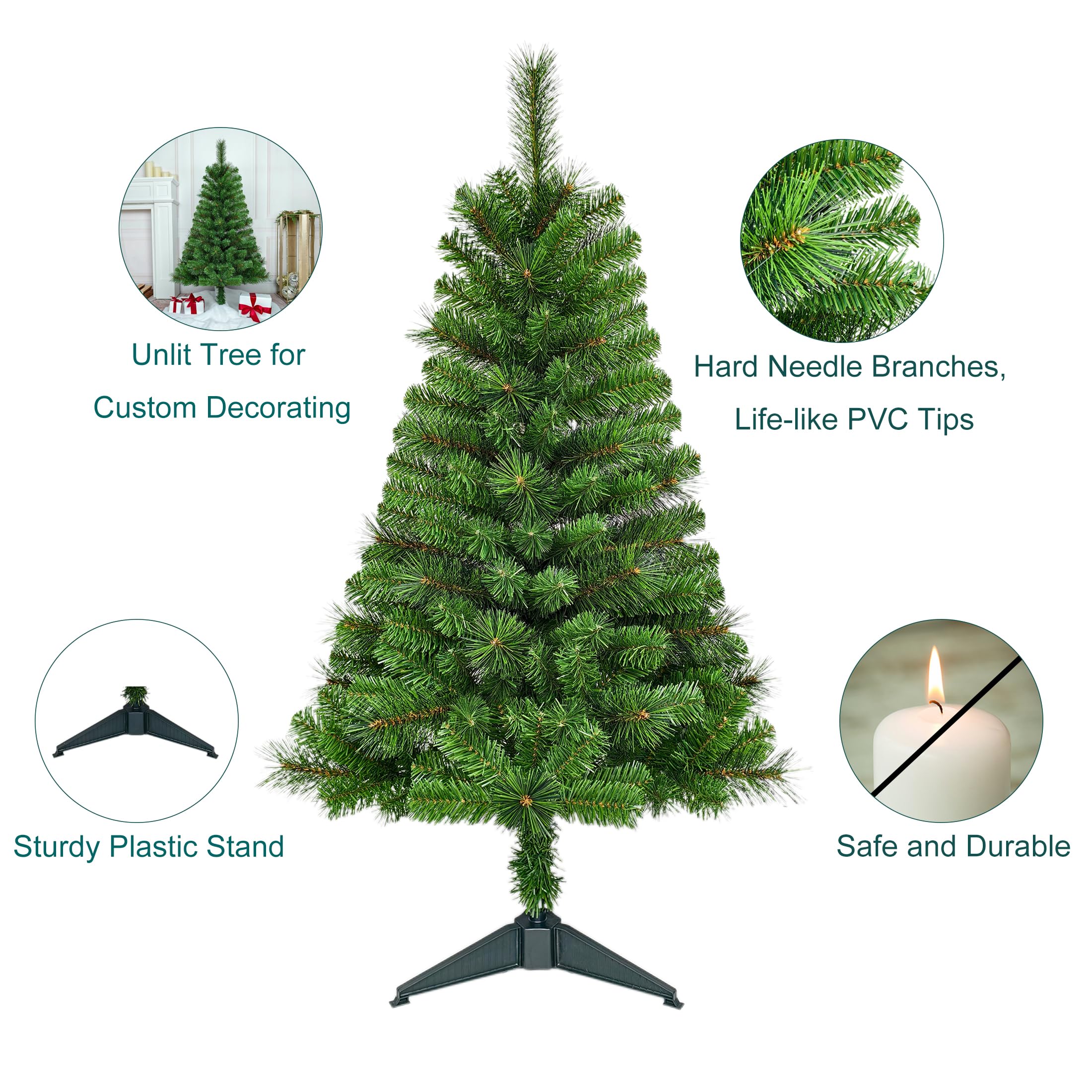 Assilyraft 4FT Unlit Artificial Christmas Tree with Hard Needle and PVC Branches, Full Shape, Plastic Stand, Indoor Holiday Deco