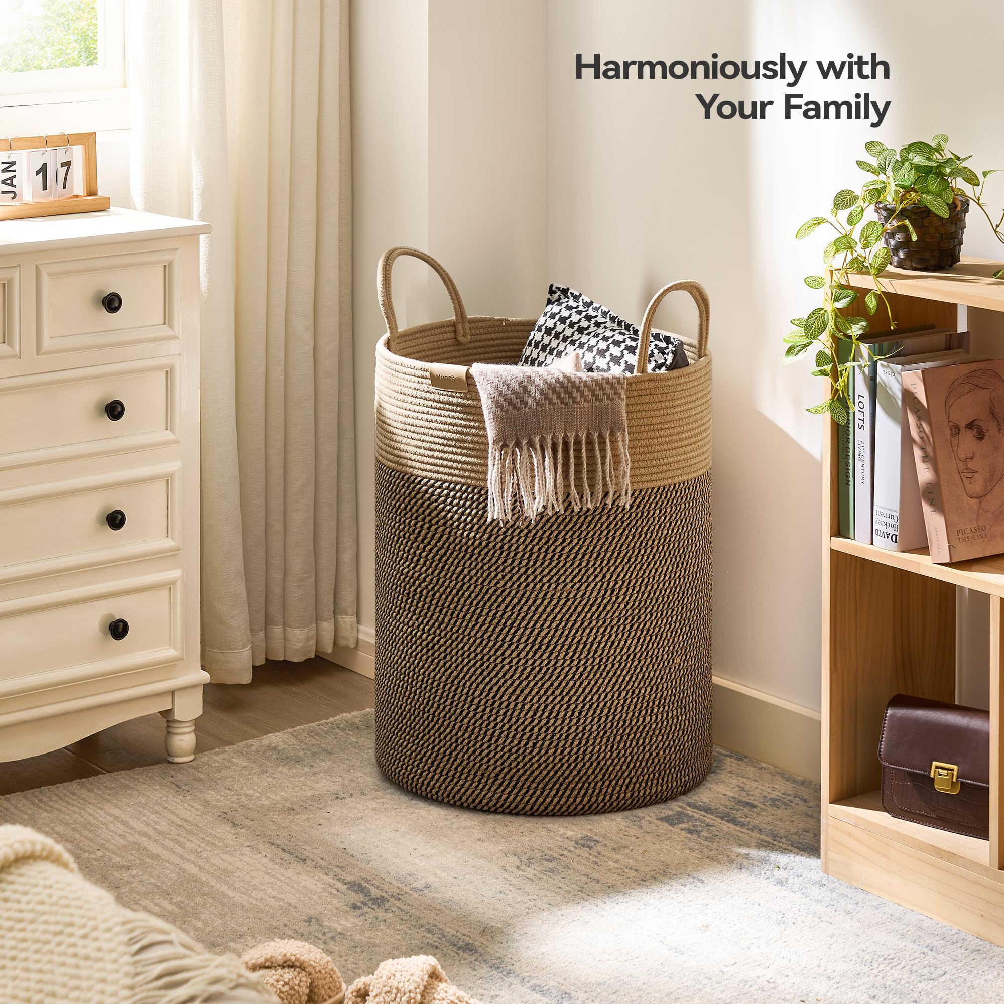 Nunsino 95L Laundry Hamper Basket,Baby Nursery Woven Storage Basket For Toys Bin,Pillows,Blankets,Clothes,Dark&Brown