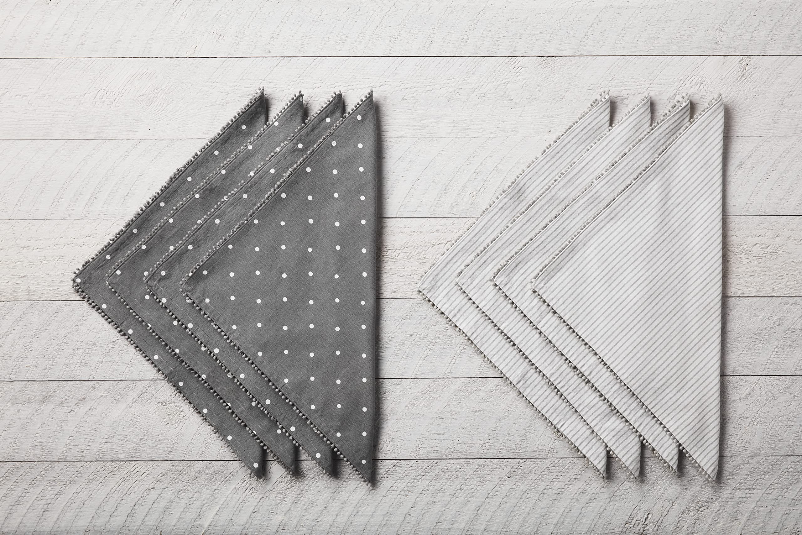 Mud Pie Gray Pom Cloth Napkin Set, Stripe, 18'' X 18''
