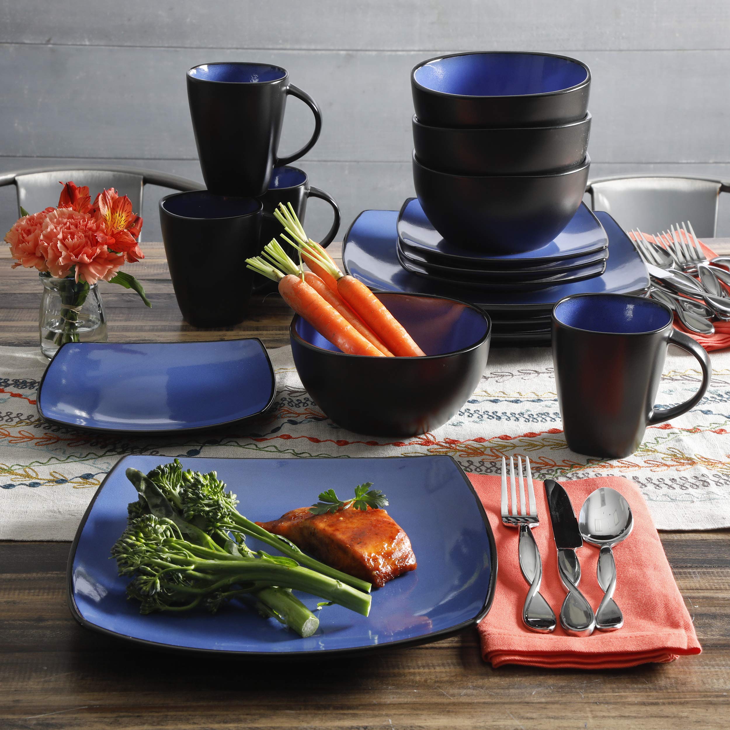 Gibson Soho Lounge Square Reactive Glaze Stoneware Dinnerware Set, Service for 4 (16pc), Sapphire