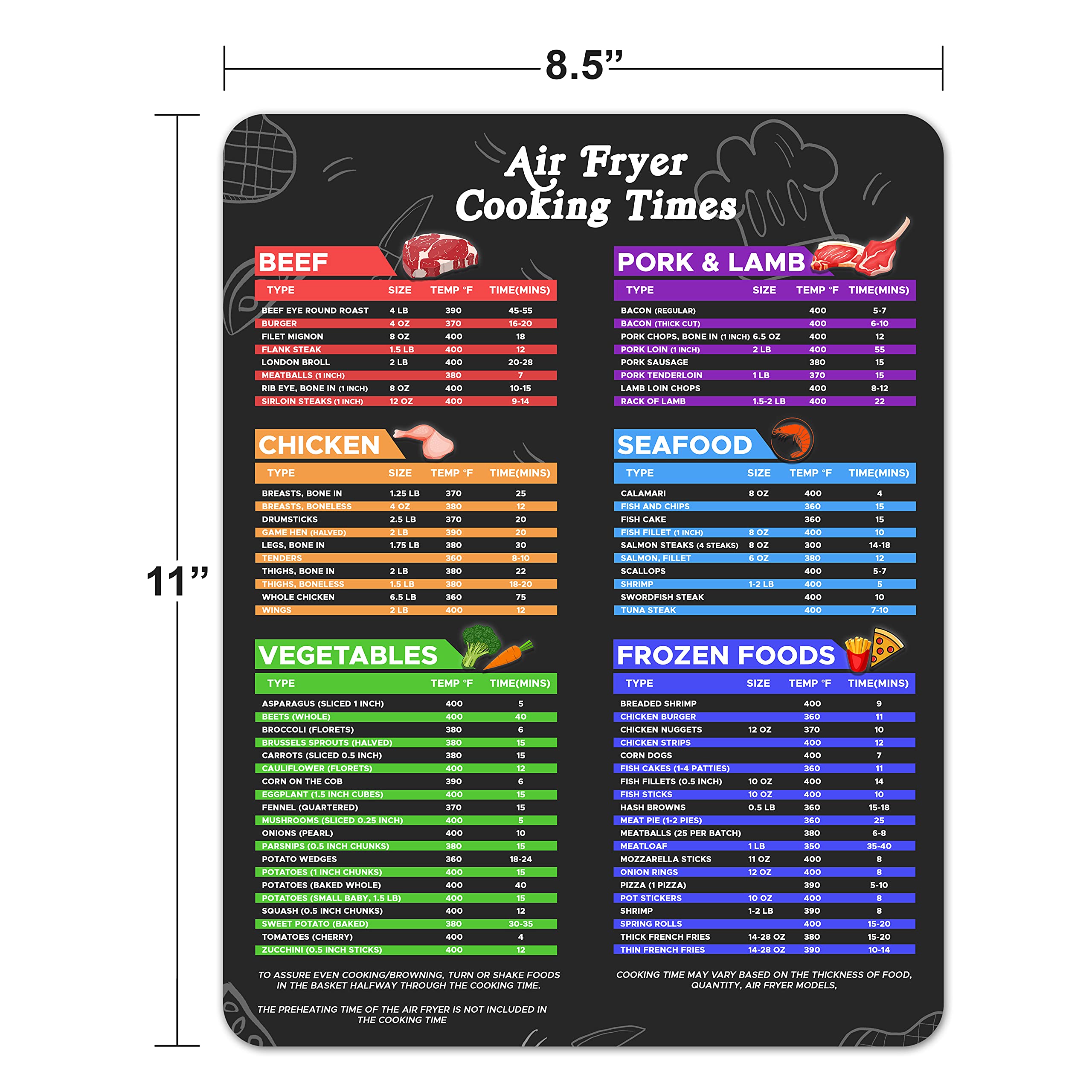 Air Fryer Sheets - Air Fryer Cheat Sheet - 8.5'' x 11'' Air Fryer Cooking Times Chart  Airfryer Cooking Guide  Air Fryer Magnetic Cheat Sheet  Air Fryer Must Haves  Air Fryer Times