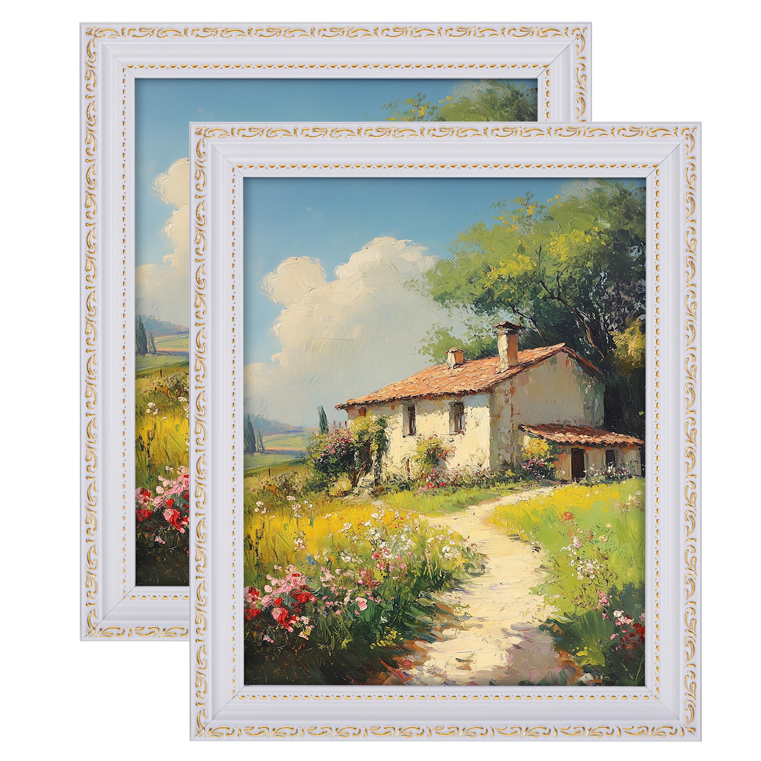 eletecpro 8x10 Picture Frames Set of 2, White Frame with Glass Cover, Vintage Photo Frames Display 5x7 Photo with Mat or 8x10 wi