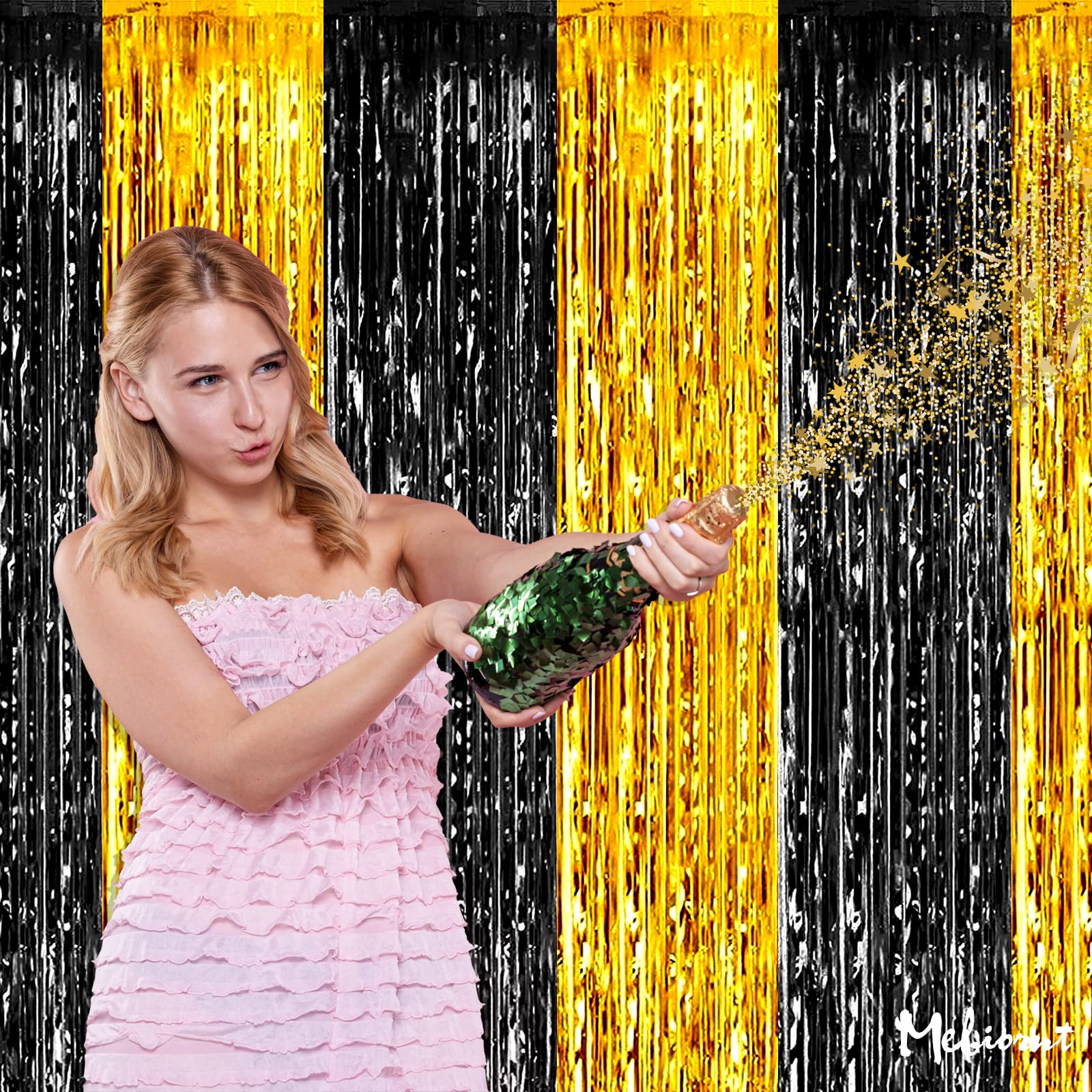 4 Pack 3.2Ft X 8.2Ft Black And Gold Fringe Curtain Backdrop, Metallic Tinsel Foil Fringe Streamers Curtains Background For Photo