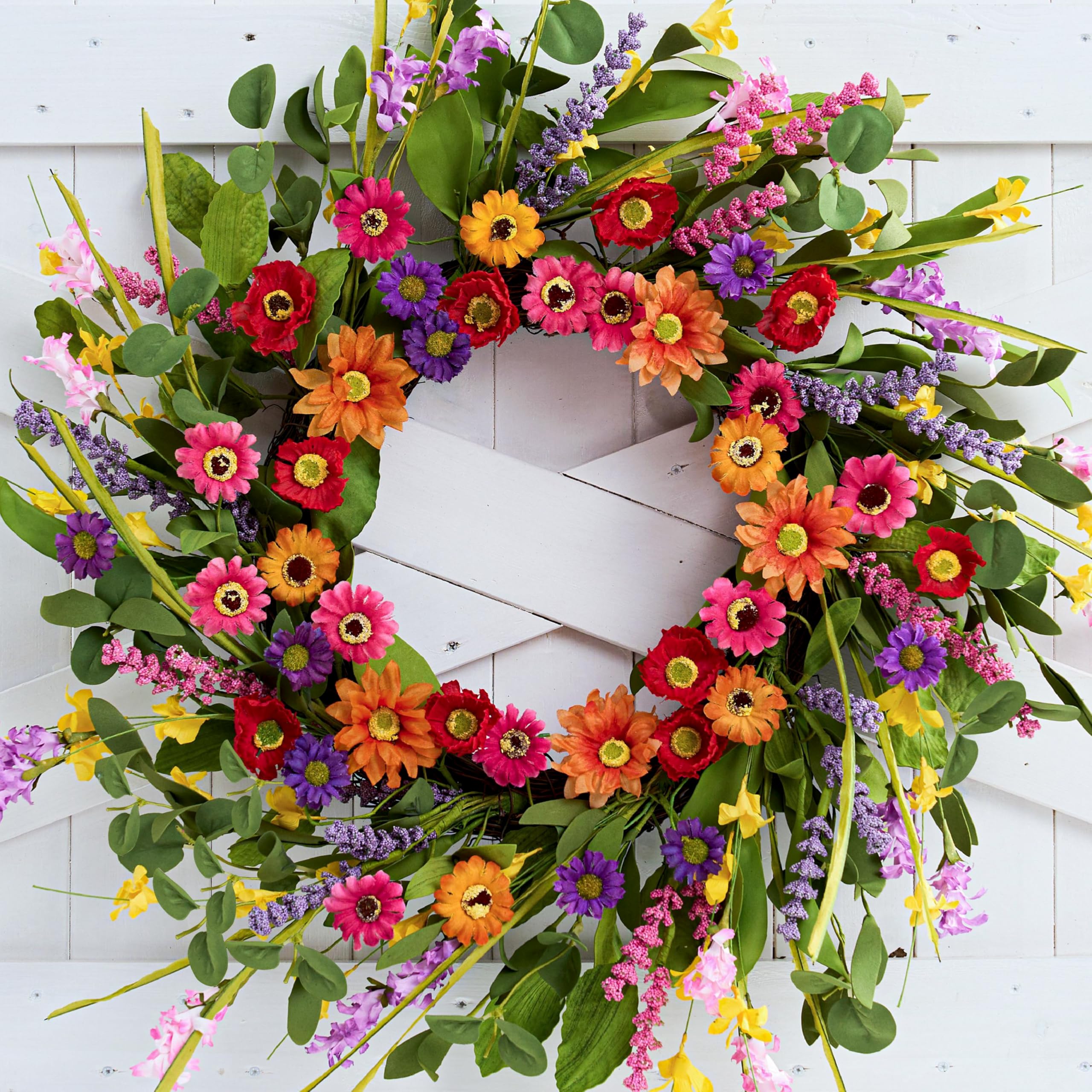WSTPUPU Artificial Spring Wreath 22 Inch Summer Wreaths for Front Door with Green Eucalyptus Leaves Pink Daisy Lavender Spring D