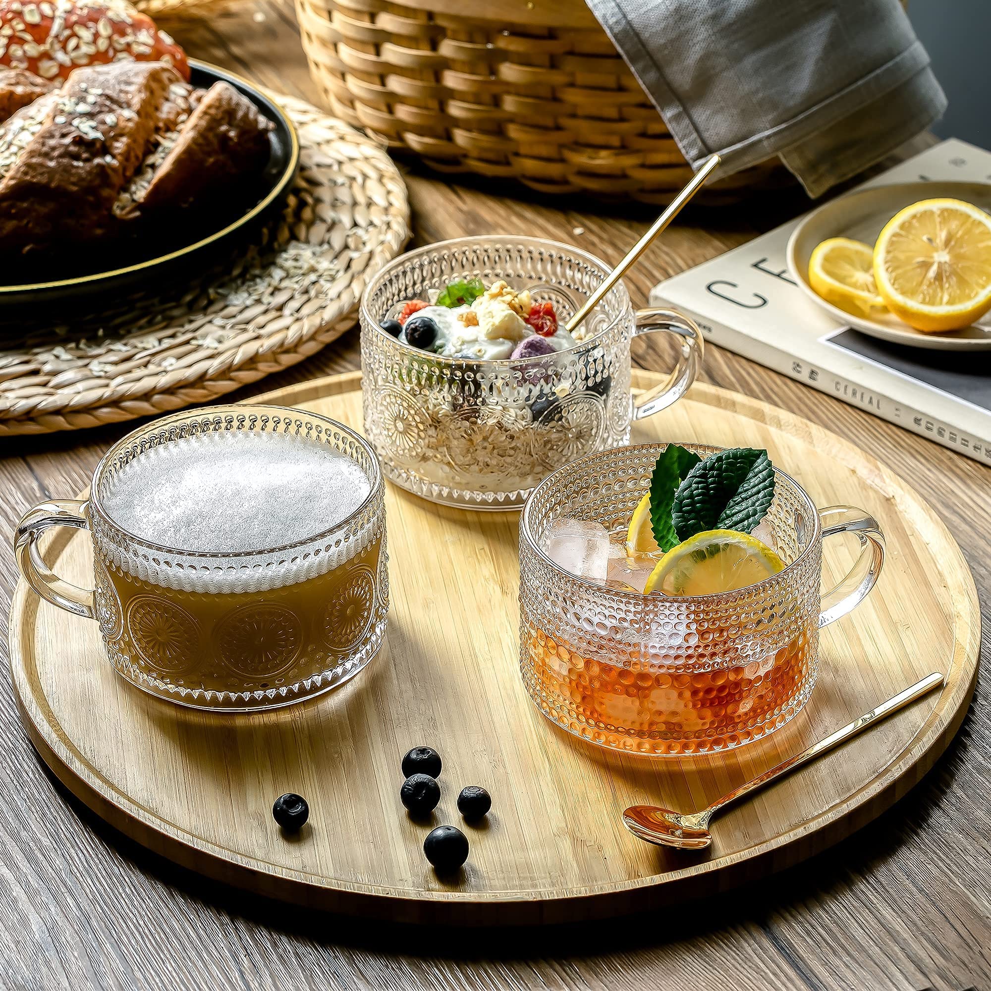Gezzeny Vintage Glass Coffee Mugs 14 Oz Set Of 2 Clear Embossed Tea Cups, Glass Coffee Cups For Cappuccino, Latte, Cereal, Yogur