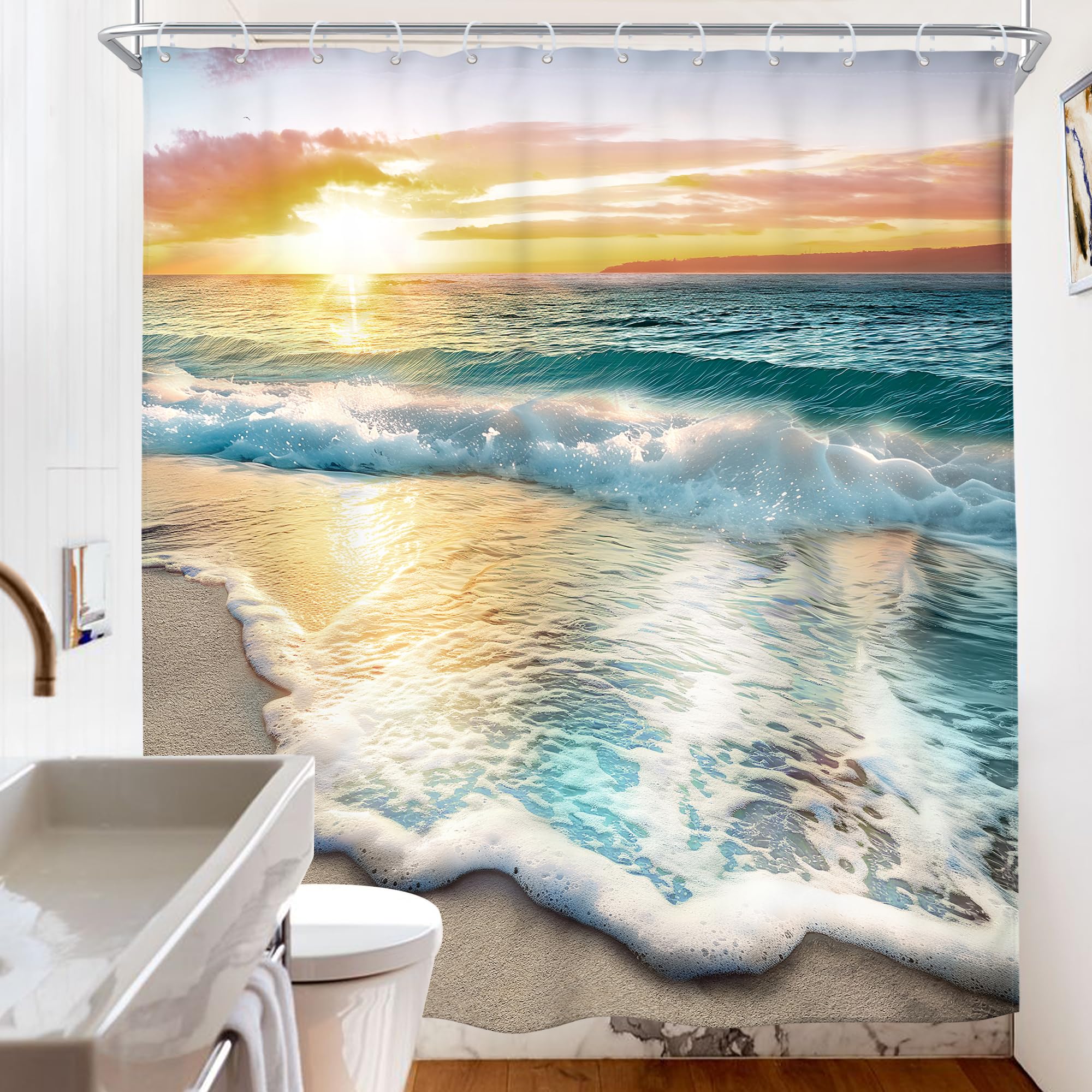 Riyidecor Beach Ocean Themed Cloth Fabric Decorative Shower Curtain Sets for Bathroom Sunrise Sunset View Scene 72x72 Inch Hawaii Seashore Summer Coastal Seaside Seascape 12 Hooks Waterproof BB-JWXP