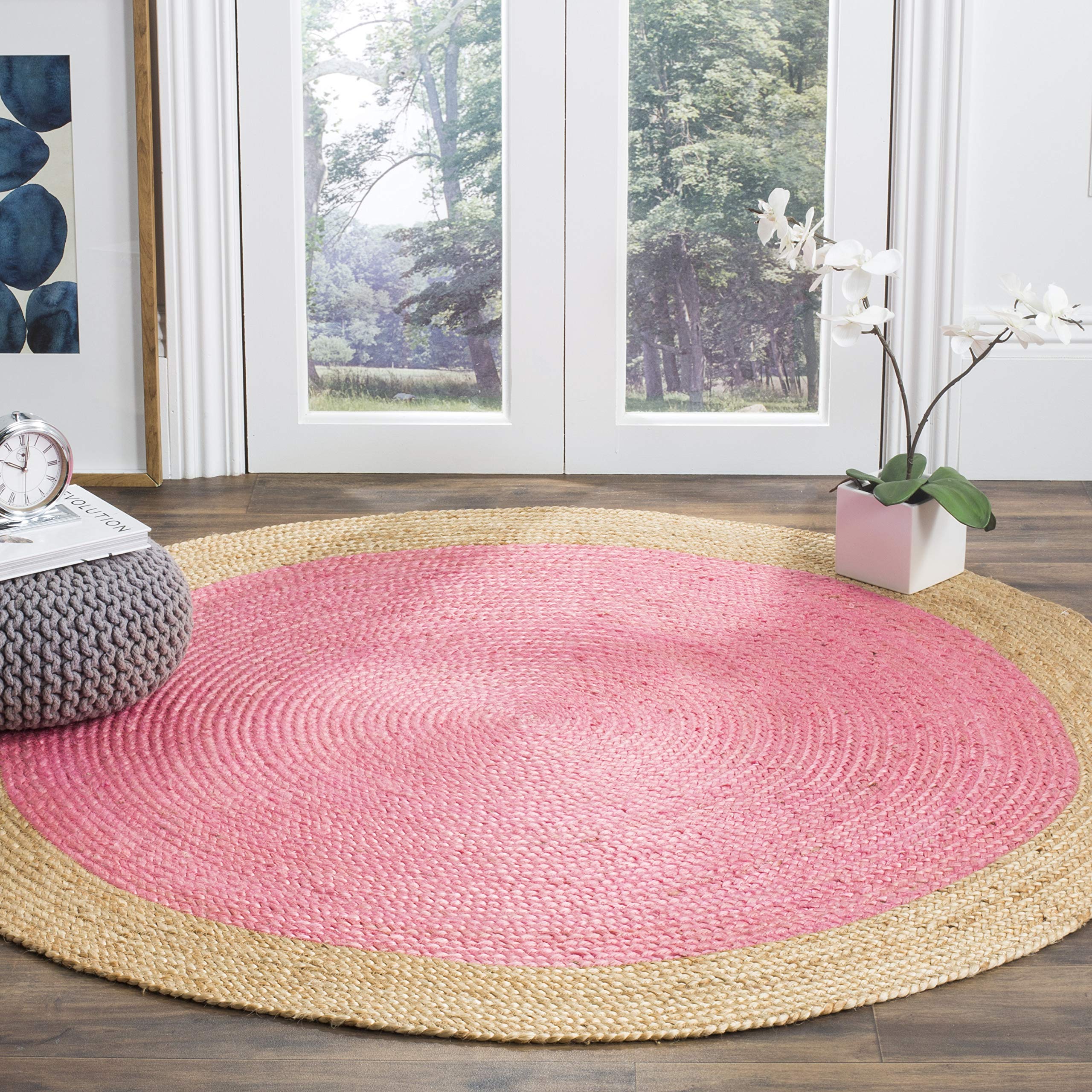 SAFAVIEH Natural Fiber Collection Area Rug - 4 Round, Pink & Natural, Handmade Boho Braided Jute, Ideal for High Traffic Areas 