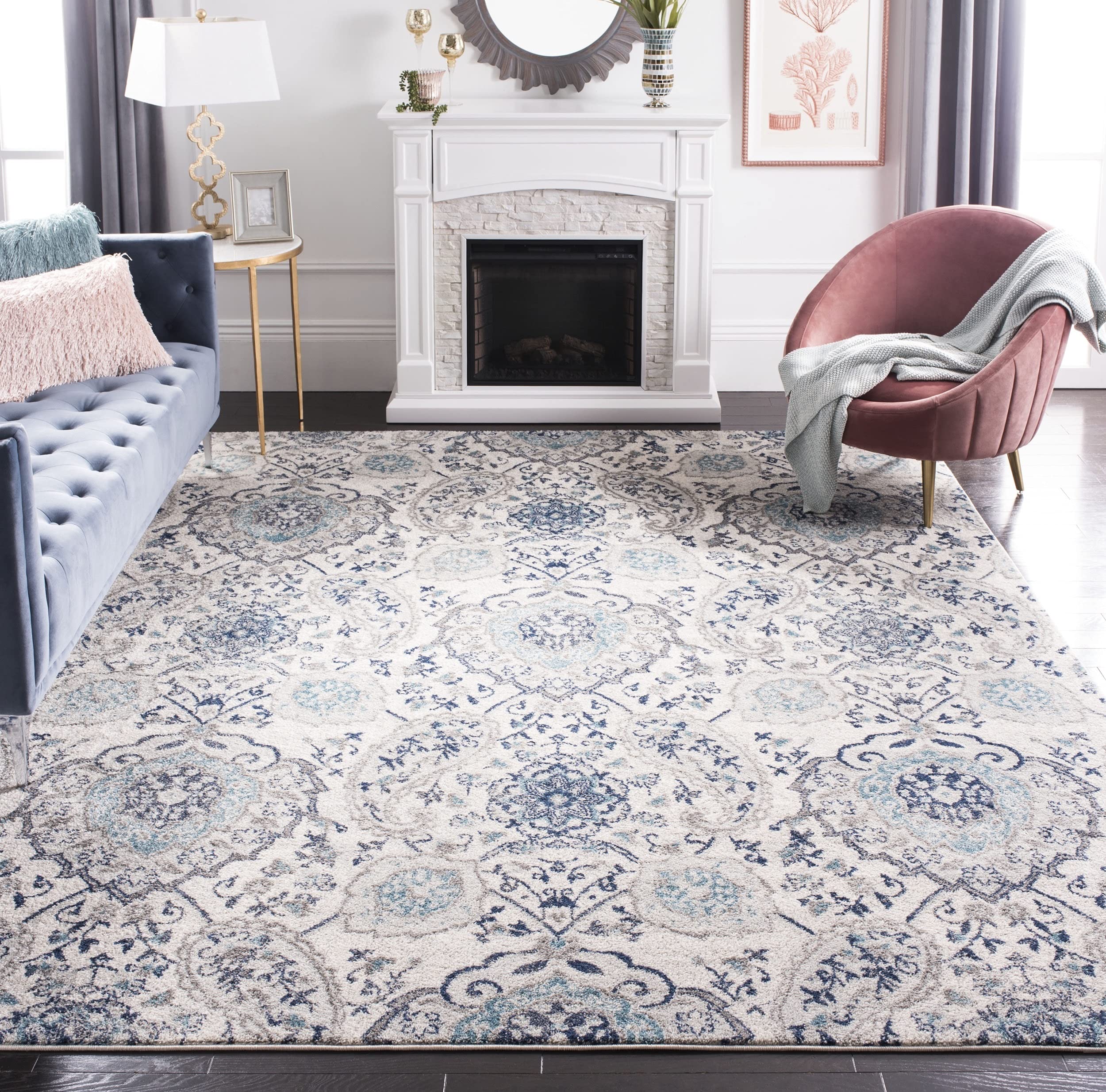 SAFAVIEH Madison Collection Area Rug - 12 Square, Cream & Light Grey, Boho Chic Glam Paisley Design, Non-Shedding & Easy Care, 