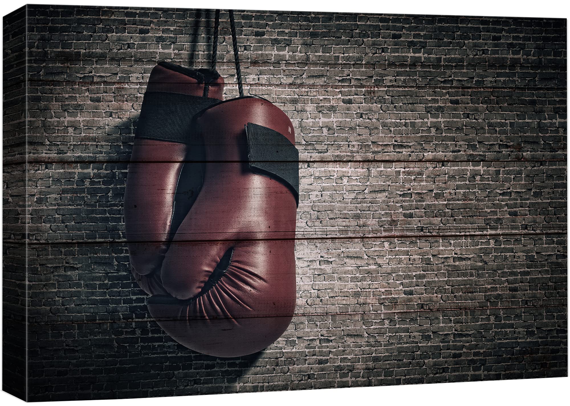 Wall26 Canvas Print Wall Art Wood Panel Effect Brick Wall Retro Vintage Red Boxing Gloves Sports Fitness Photography Realism Dec