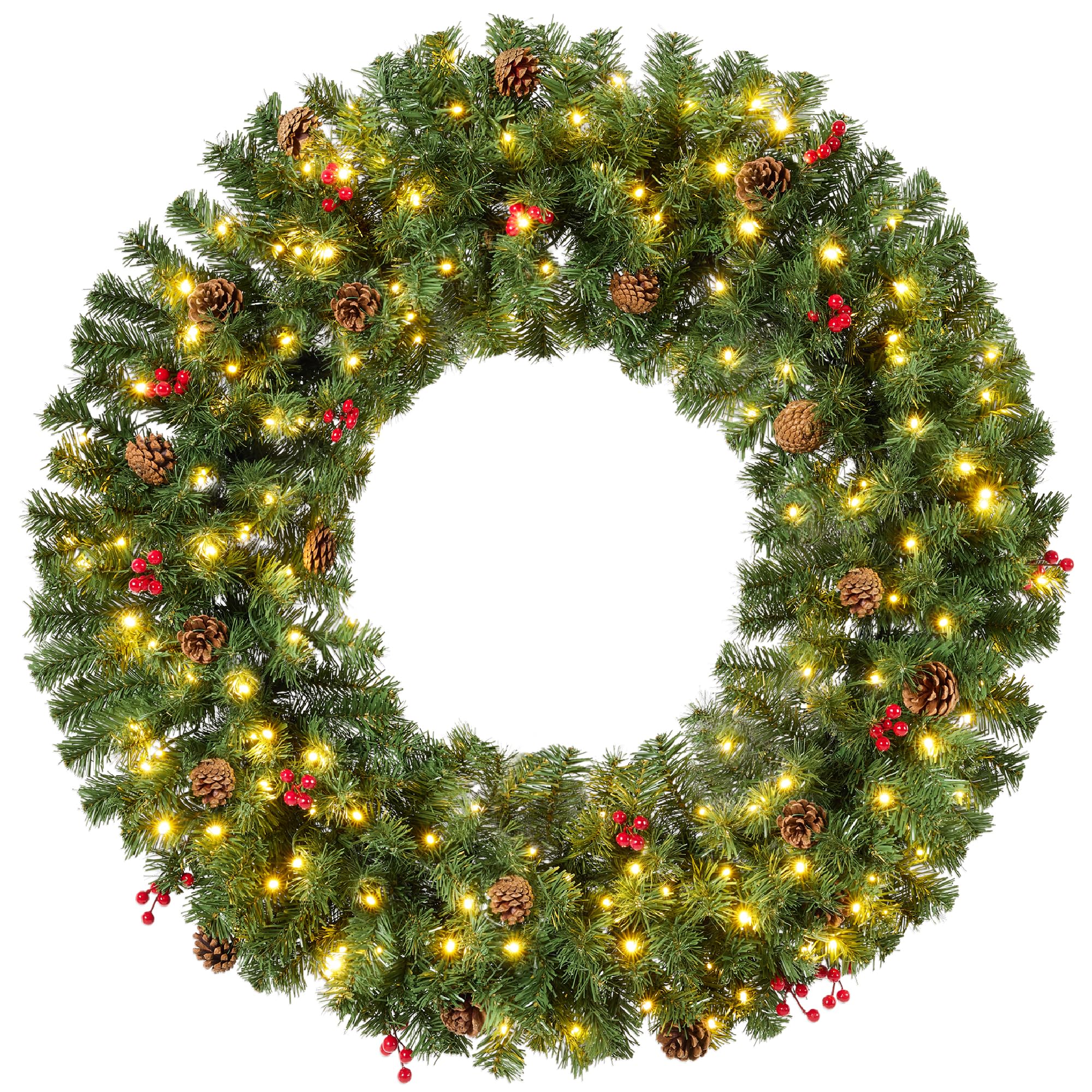 Best Choice Products 30in Pre-Lit Christmas Wreath w/Berries & Pinecones, Large Artificial Indoor/Outdoor Decor for Door, Mantel
