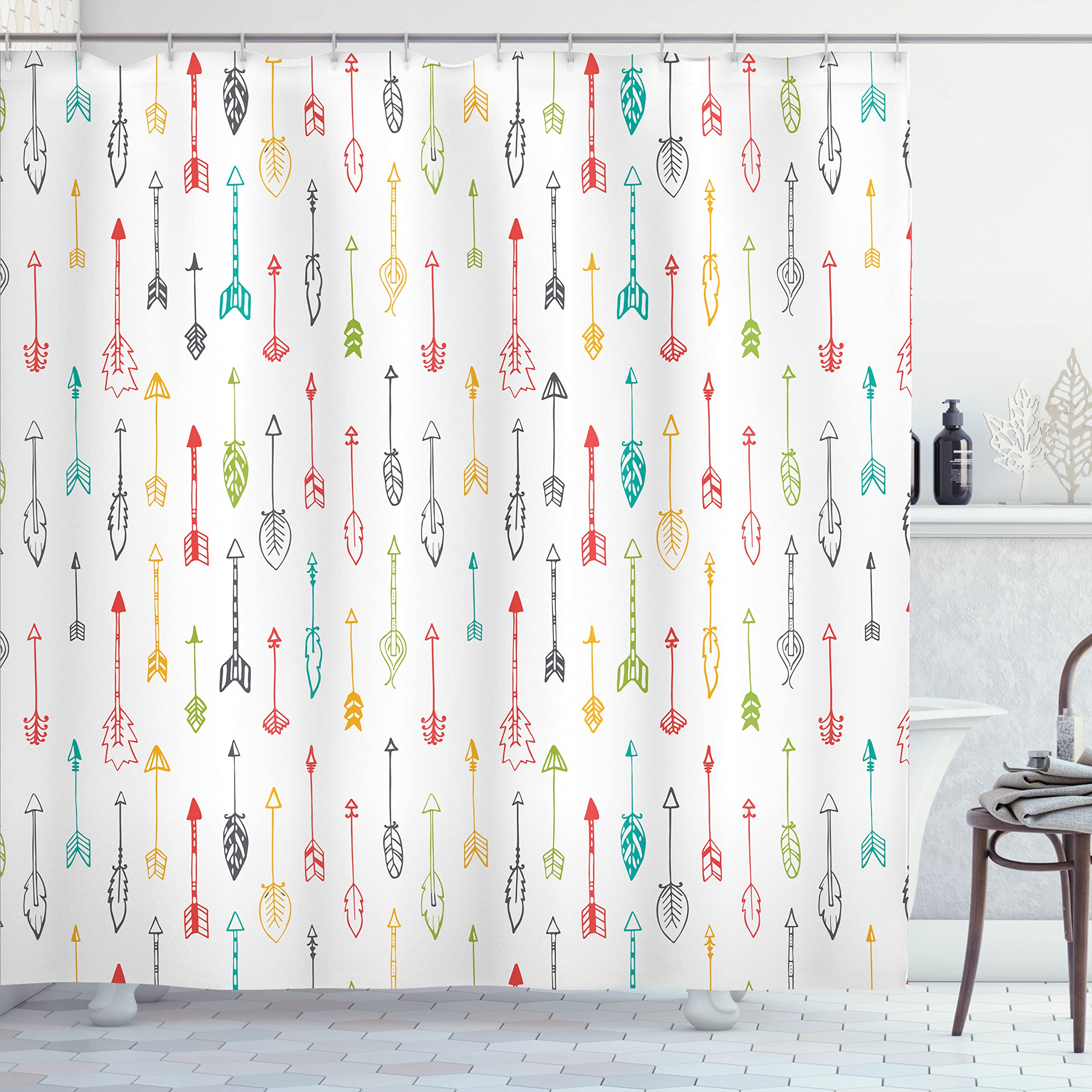 Ambesonne Arrows Shower Curtain, Colorful Hand Drawn Doodle Style Fun Art With Boho Style Arrows Vertical Pattern, Cloth Fabric