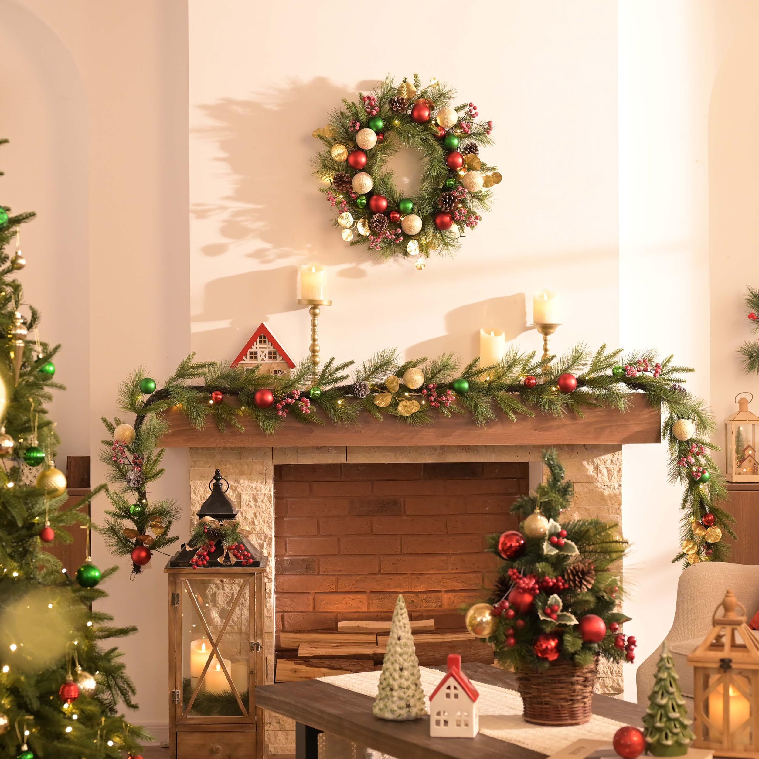 Valery Madelyn 9 Ft Pre-Lit Christmas Garland with Light for Mantle, Lighted Outdoor Xmas Garland with Red Green Gold Ball Norfo