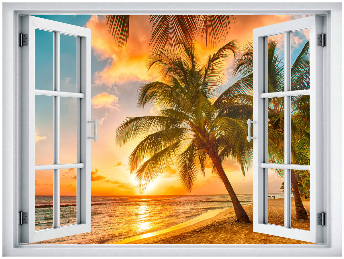 Wall26 Removable Wall Sticker/Wall Mural Window View Vibrant Orange Tropical Ocean Island Sunset Nature Wilderness Photography R