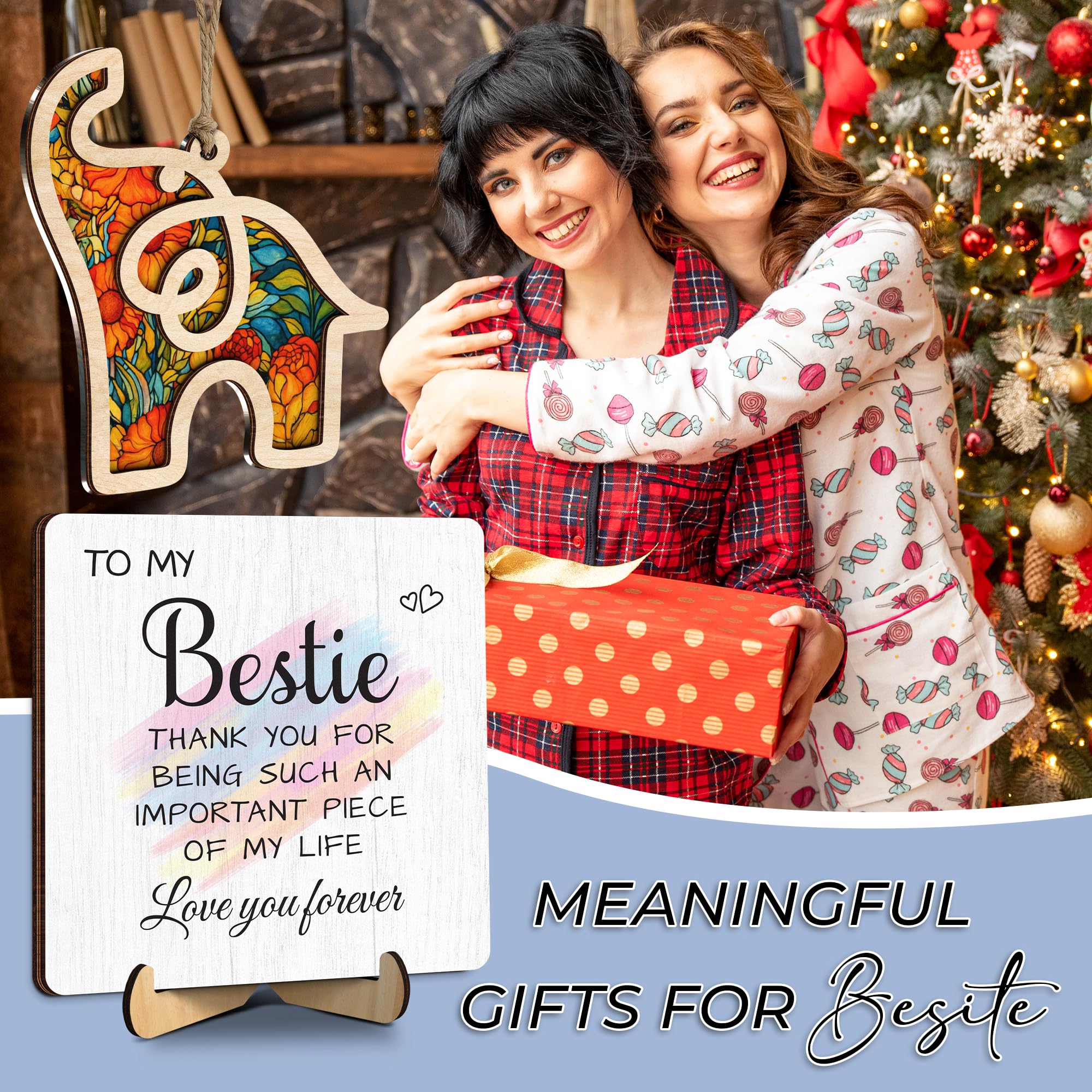 Friend Birthday Gift for Women, Bestie Appreciation Plaque, Friendship Elephant Suncatcher Ornament, Sisterhood Engraved Keychai
