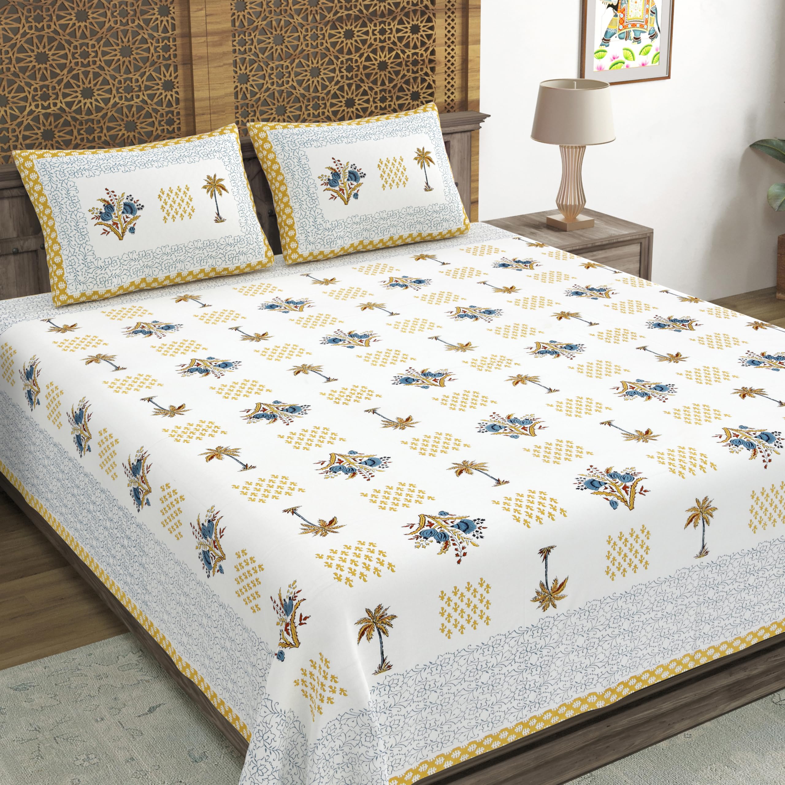Blocks Of India Hand Block Printed 300 Tc Cotton Super King Size Bedsheet(106 X 106) (Tree Mustard)
